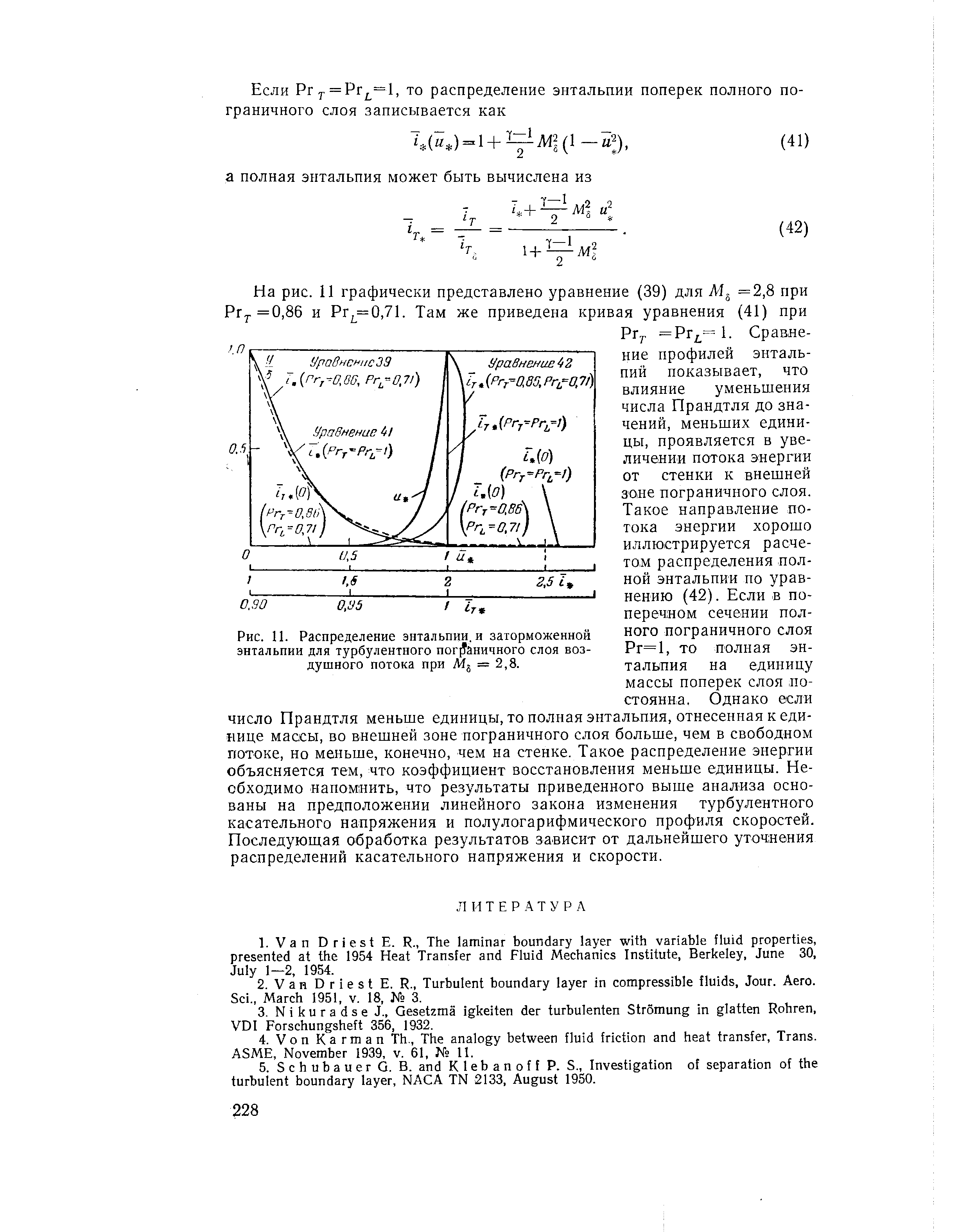 Рис. 11. Распределение энтальпии, и заторможенной энтальпии для <a href="/info/19796">турбулентного пограничного слоя</a> воздушного потока при Mg = 2,8.
