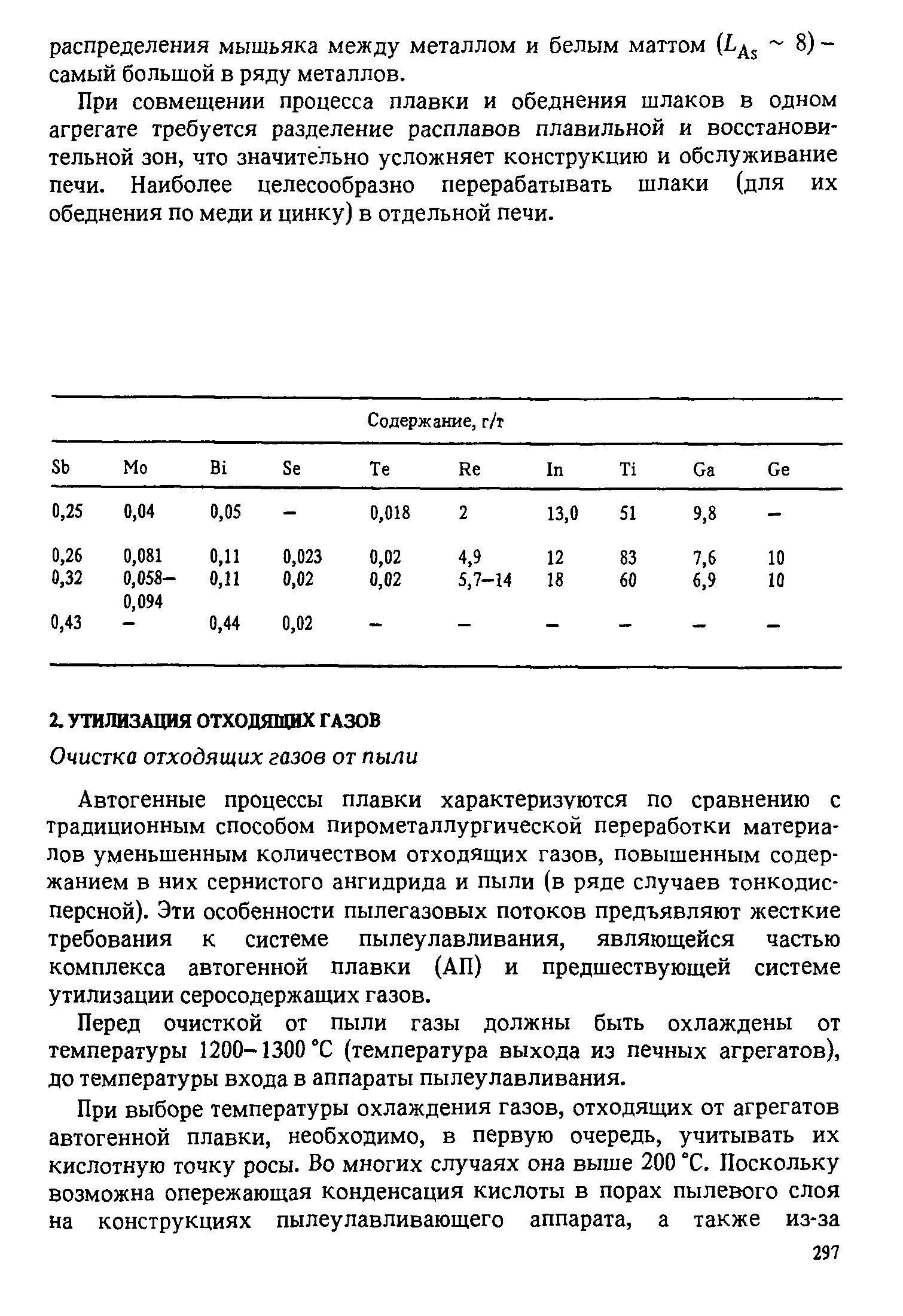 Автогенные процессы плавки характеризуются по сравнению с традиционным способом пирометаллургической переработки материалов уменьшенным количеством отходящих газов, повышенным содержанием в них сернистого ангидрида и пыли (в ряде случаев тонкодисперсной). Эти особенности пылегазовых потоков предъявляют жесткие требования к системе пылеулавливания, являющейся частью комплекса автогенной плавки (АП) и предшествующей системе утилизации серосодержащих газов.
