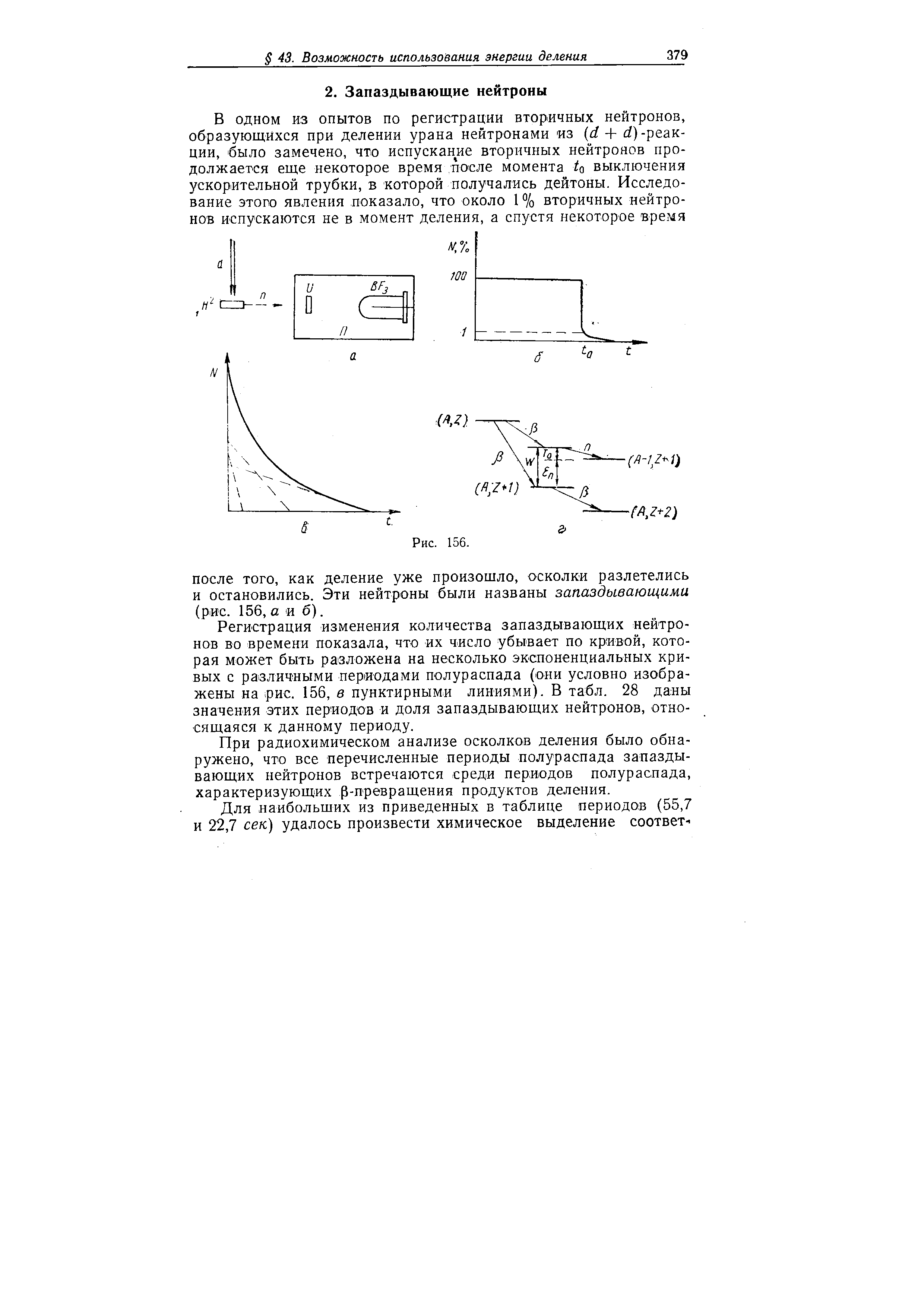 Регистрация изменения количества запаздывающих нейтронов во времени показала, что их число убывает по кривой, которая может быть разложена на несколько экспоненциальных кривых с различными периодами полураспада (они условно изображены на рис. 156, в пунктирными линиями). В табл. 28 даны значения этих пер иодов и доля запаздывающих нейтронов, относящаяся к данному периоду.
