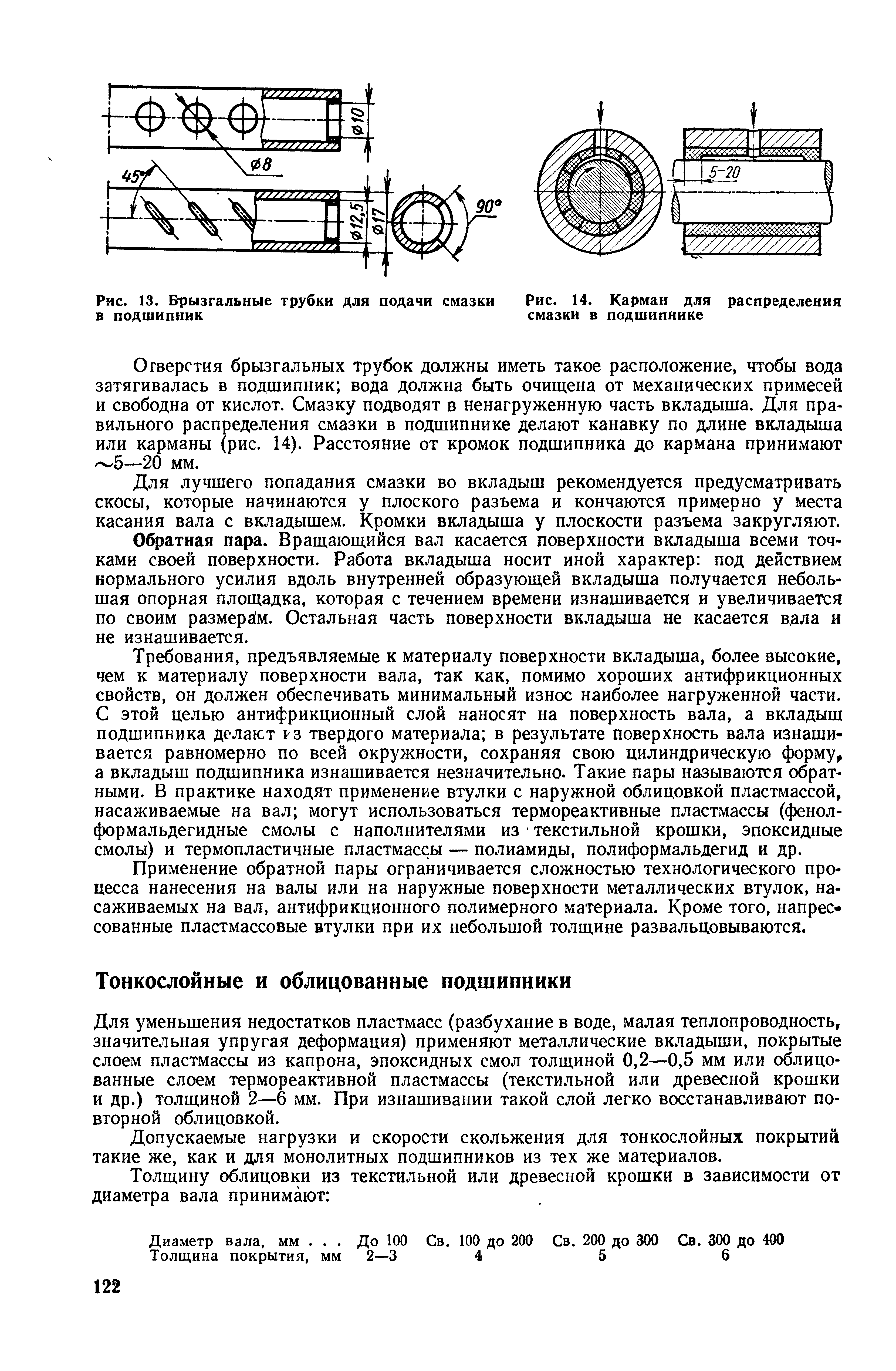 Для уменьшения недостатков пластмасс (разбухание в воде, малая теплопроводность, значительная упругая деформация) применяют металлические вкладыши, покрытые слоем пластмассы из капрона, эпоксидных смол толщиной 0,2—0,5 мм или облицованные слоем термореактивной пластмассы (текстильной или древесной крошки и др.) толщиной 2—6 мм. При изнашивании такой слой легко восстанавливают повторной облицовкой.
