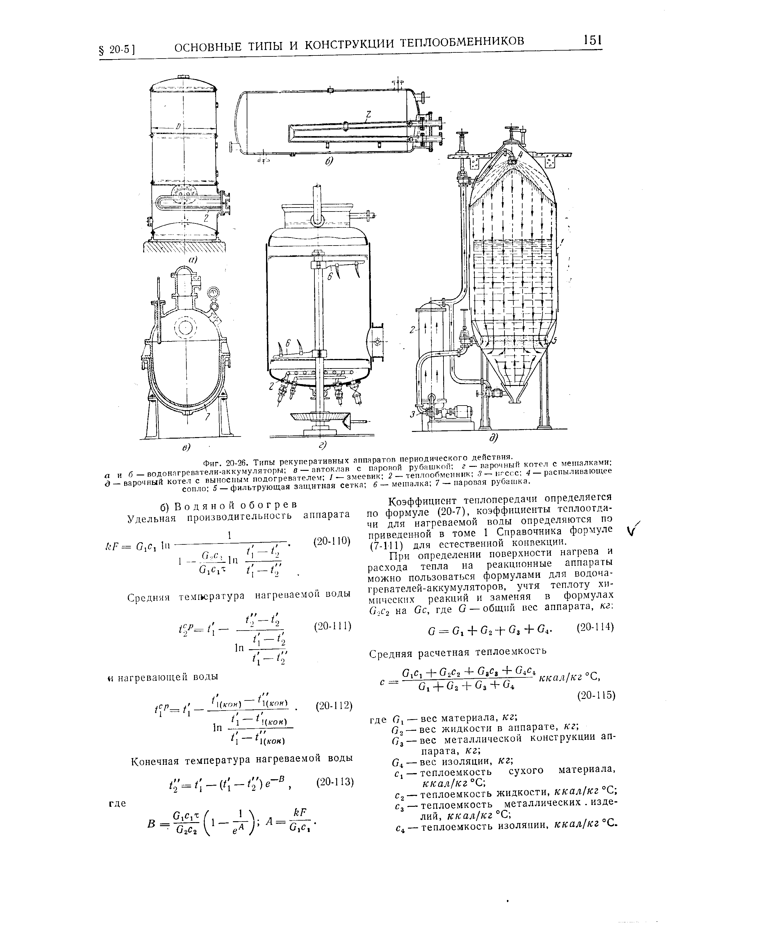 Фиг. 20-26. Типы <a href="/info/30065">рекуперативных аппаратов</a> периодического действия. а и б — водонпгреватели-аккумуляторы в —автоклав с <a href="/info/355229">паровой рубашкой</a> г — варочный котел с мешалками — варочный котел с выносным подогревателем / — змеевик 2—теплооблтенник . — 1 гссс 4 — распыливающее сопло 5 — фильтрующая защитная сетка 6— мешалка 7 — паровая рубашка.
