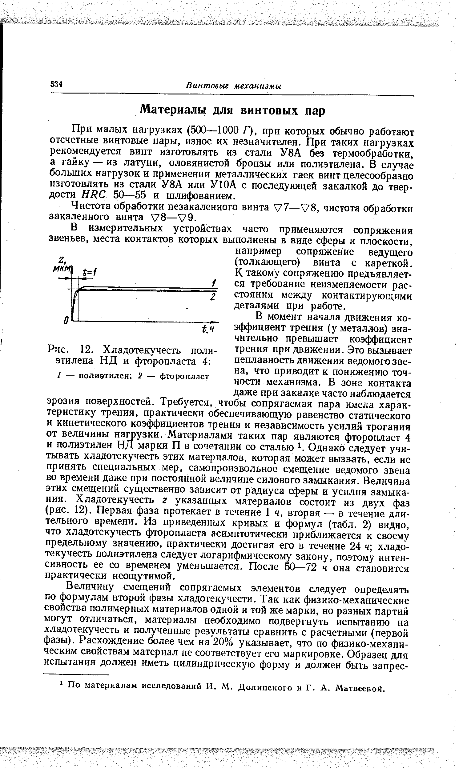 При малых нагрузках (500—1000 Г), при которых обычно работают отсчетные винтовые пары, износ их незначителен. При таких нагрузках рекомендуется винт изготовлять из стали У8А без термообработки, а гайку — из латуни, оловянистой бронзы или полиэтилена. В случае больших нагрузок и применении металлических гаек винт целесообразно изготовлять из стали У8А или У10А с последующей закалкой до твердости HR 50—55 и шлифованием.
