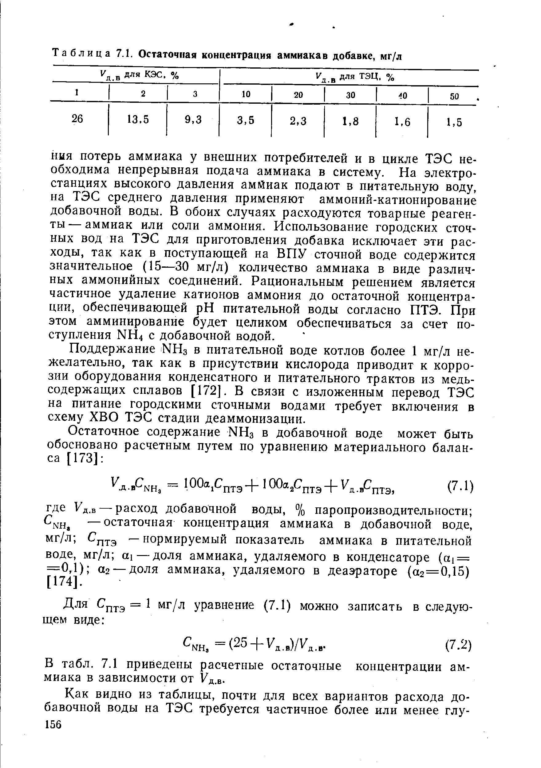 Поддержание NH3 в питательной воде котлов более 1 мг/л нежелательно, так как в присутствии кислорода приводит к коррозии оборудования конденсатного и питательного трактов из медьсодержащих сплавов [172]. Б связи с изложенным перевод ТЭС на питание городскими сточными водами требует включения в схему ХВО ТЭС стадии деаммонизации.
