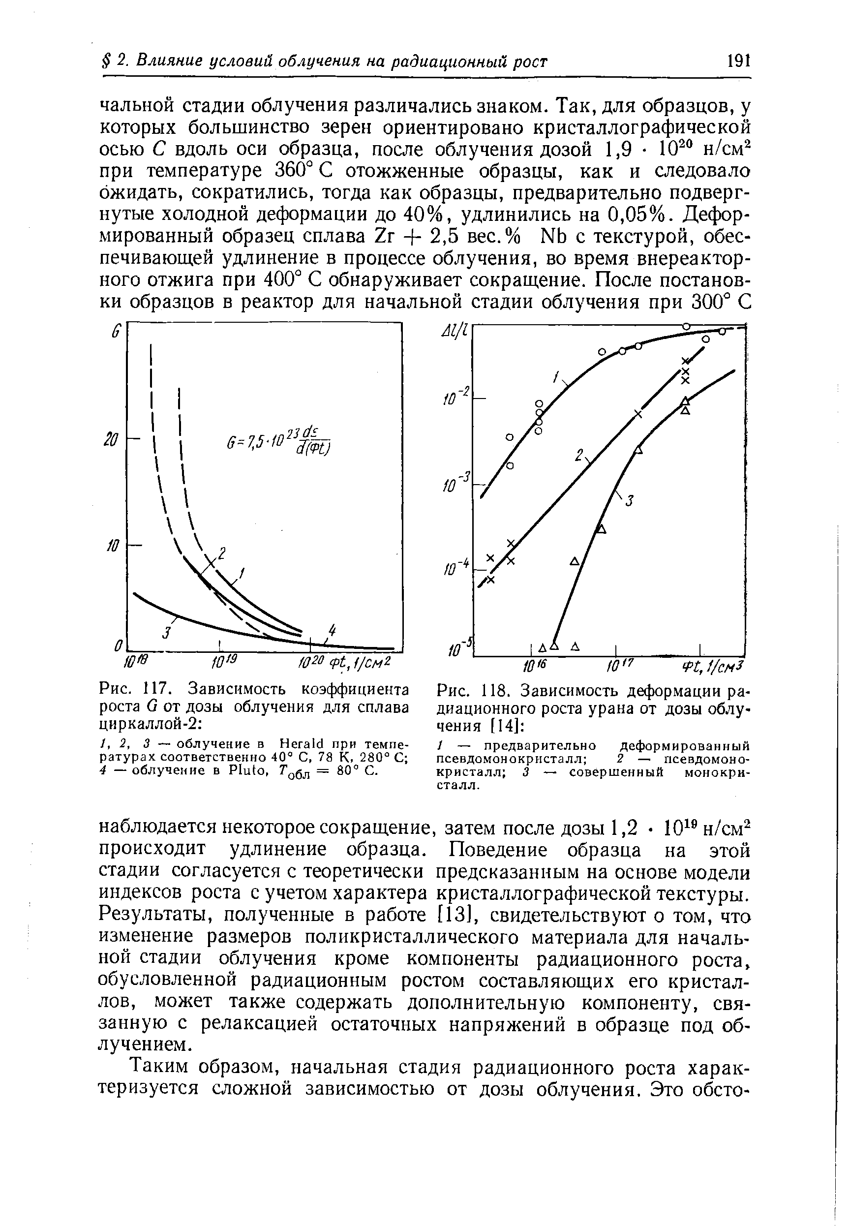 Рис. 117. Зависимость коэффициента роста G от дозы облучения для сплава циркаллой-2 
