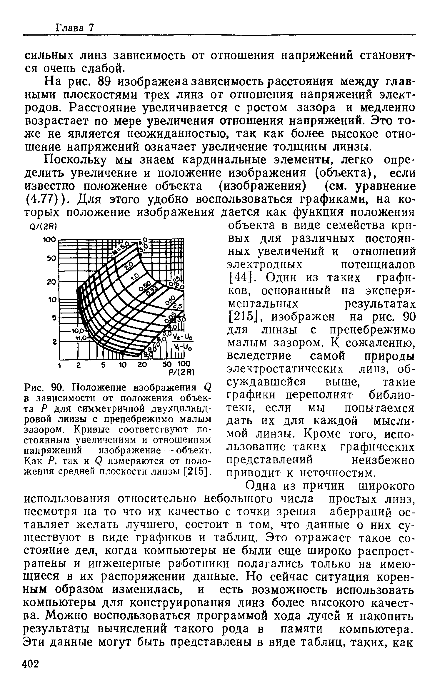 Рис. 90. Положение изображения С в зависимости от положения объекта Р для симметричной двухцилиндровой лиизы с пренебрежимо малым зазором. Кривые соответствуют постоянным увеличениям и отношениям напряжений изображение — объект. Как Р, так и С измеряются от положения <a href="/info/35000">средней плоскости</a> линзы [215].
