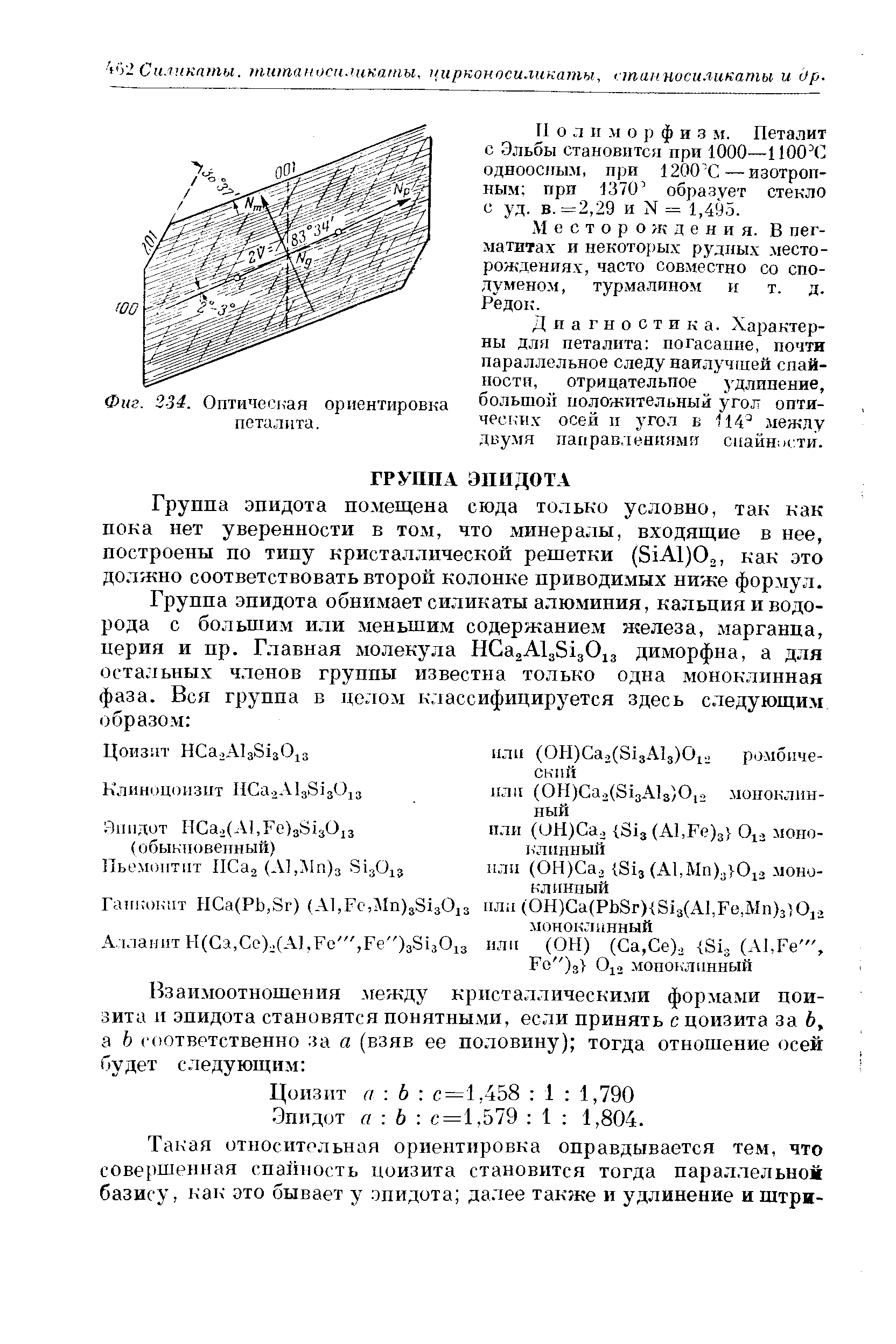 Группа эпидота помещена сюда только условно, так как пока нет уверенности в том, что минералы, входящие в нее, построены по типу кристаллической решетки (81А1)02, как это должно соответствовать второй колонке приводимых ниже формул.
