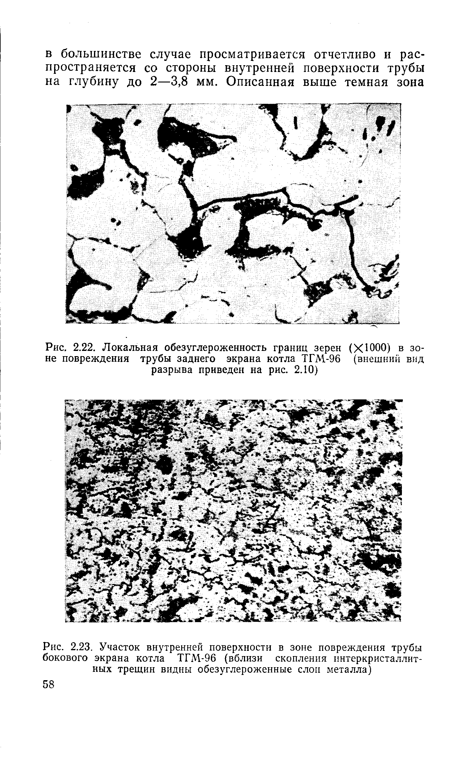 Рис. 2.23. Участок <a href="/info/1465">внутренней поверхности</a> в зоне повреждения трубы бокового экрана котла ТГМ-96 (вблизи скопления ннтеркристаллит-ных трещин видны <a href="/info/138461">обезуглероженные слои</a> металла)
