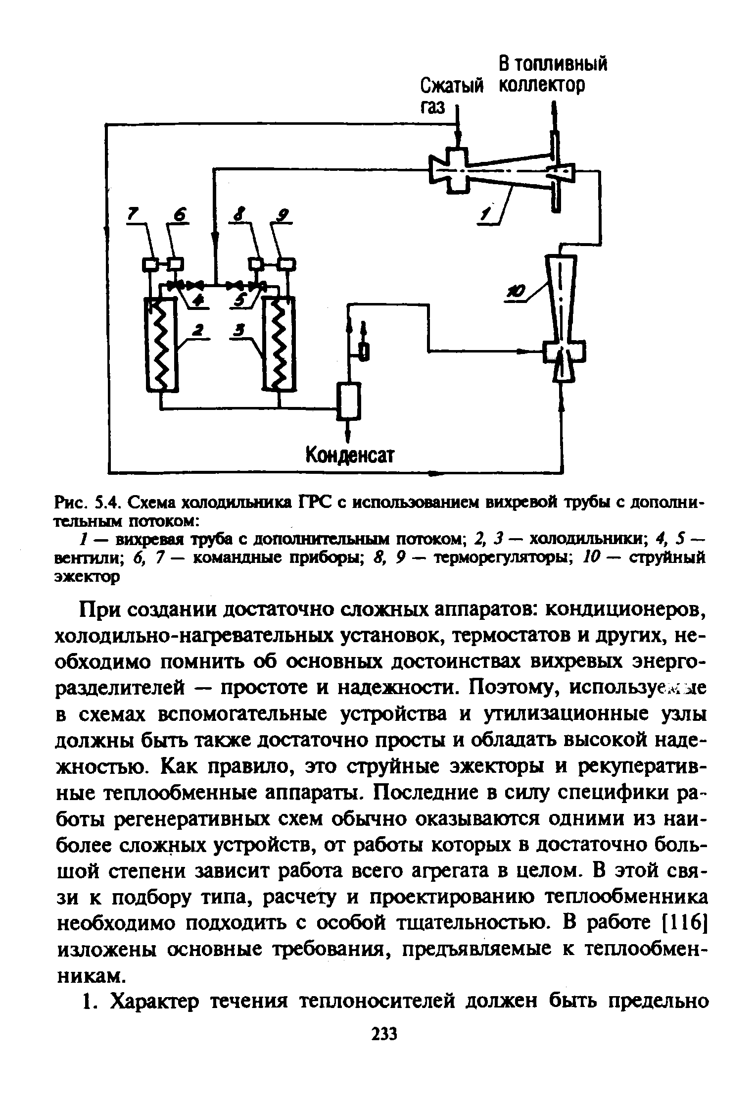 Рис. S.4. Схема холодильника ГРС с использованием вихревой 1ру6ы с дополнительным потоком 
