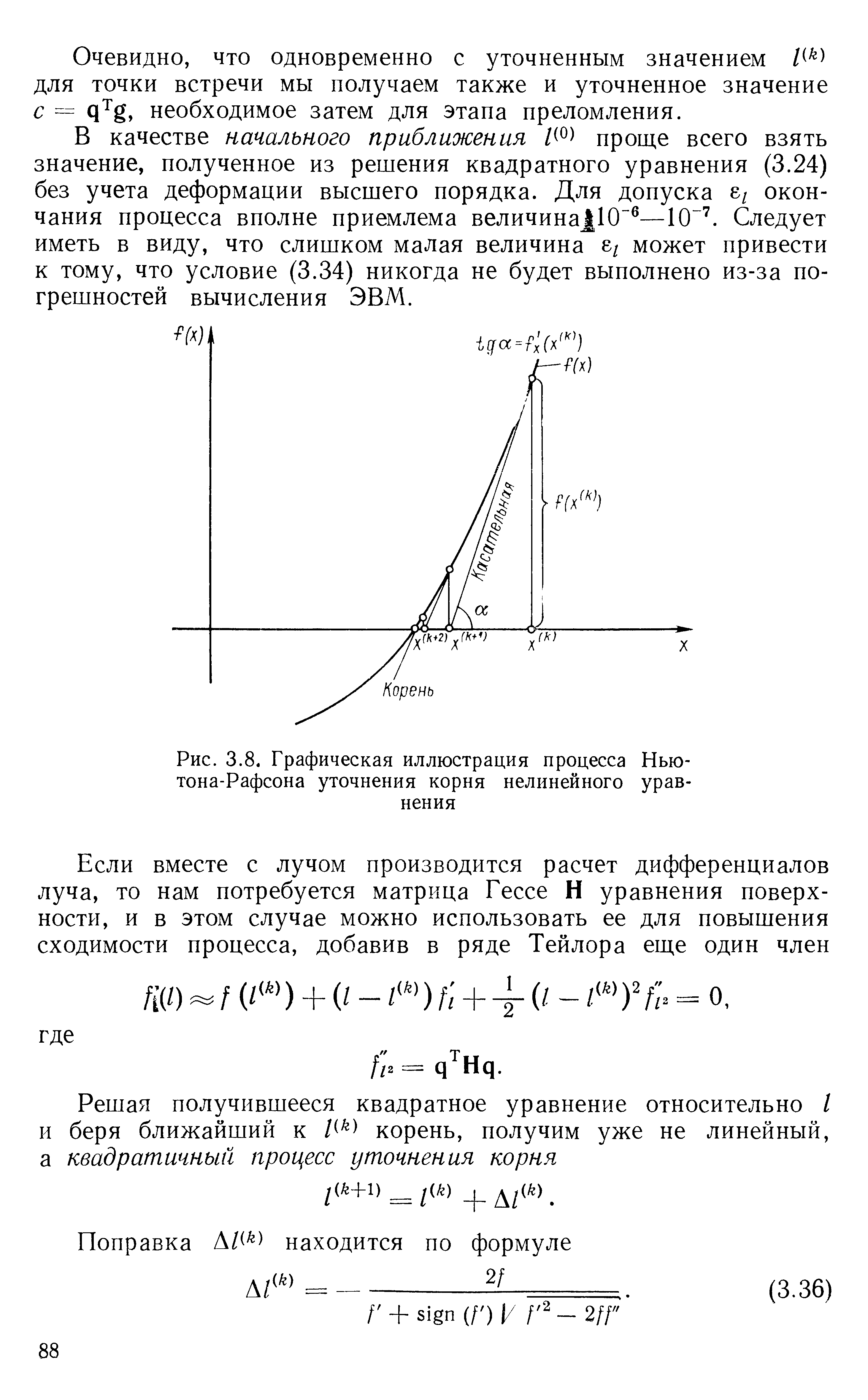 Рис. 3.8. Графическая иллюстрация процесса Нью-тона-Рафсона уточнения корня нелинейного уравнения
