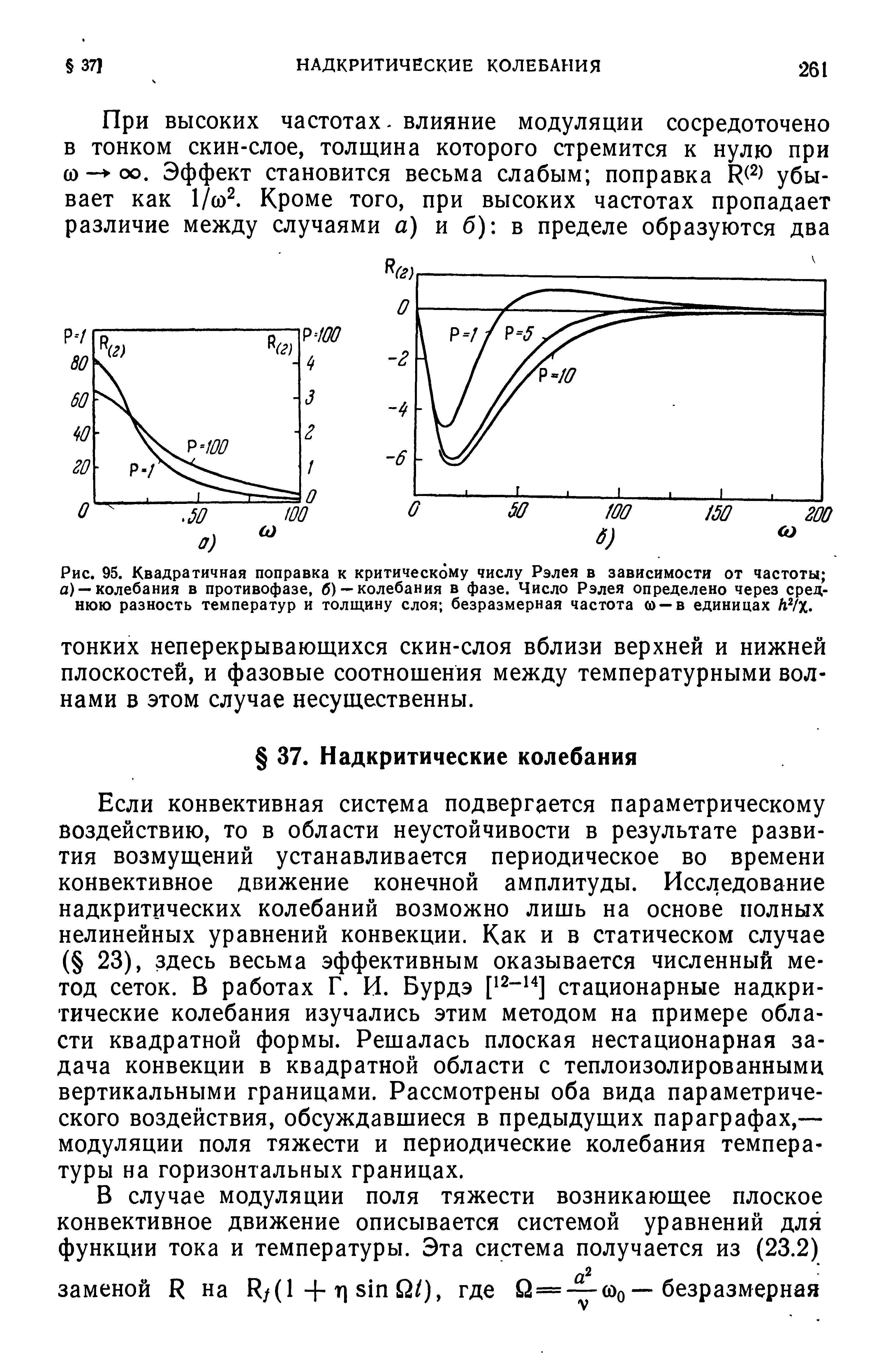 Если конвективная система подвергается параметрическому воздействию, то в области неустойчивости в результате развития возмущений устанавливается периодическое во времени конвективное движение конечной амплитуды. Исследование надкритических колебаний возможно лишь на основе полных нелинейных уравнений конвекции. Как и в статическом случае ( 23), здесь весьма эффективным оказывается численный метод сеток. В работах Г. И. Бурдэ стационарные надкритические колебания изучались этим методом на примере области квадратной формы. Решалась плоская нестационарная задача конвекции в квадратной области с теплоизолированными вертикальными границами. Рассмотрены оба вида параметрического воздействия, обсуждавшиеся в предыдущих параграфах,— модуляции поля тяжести и периодические колебания температуры на горизонтальных границах.
