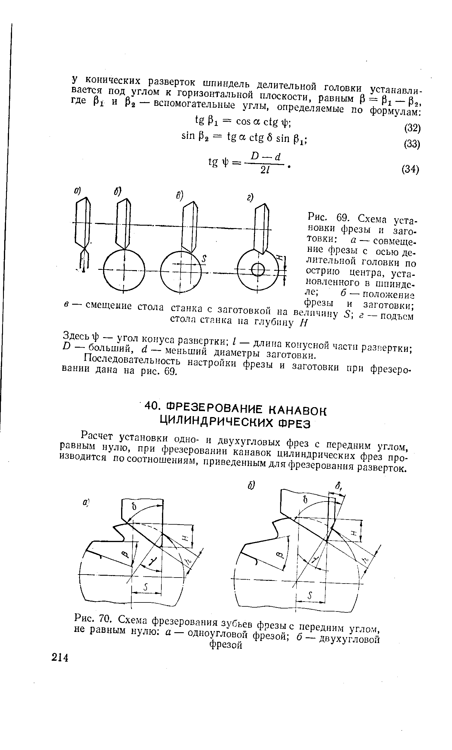 Рис. 69. Схема <a href="/info/62677">установки фрезы</a> и заготовки а — совмещение фрезы с осью <a href="/info/81534">делительной головки</a> по острию центра, установленного в шпинделе б — положение фрезы и заготовки в — смещение <a href="/info/255776">стола станка</a> с заготовкой на величину S г — подъем <a href="/info/255776">стола станка</a> на глубину Н
