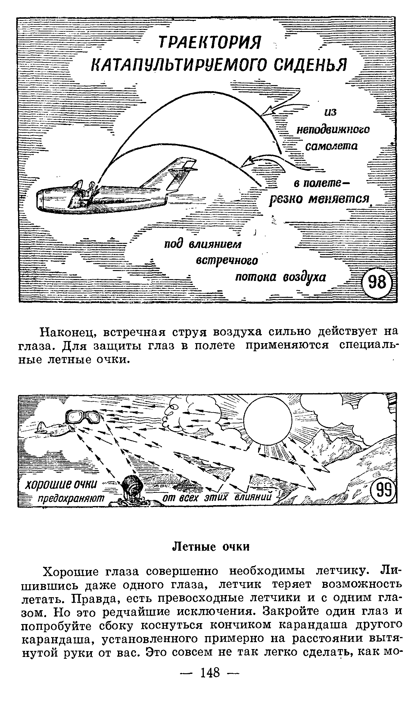 Наконец, встречная струя воздуха сильно действует на глаза. Для защиты глаз в полете применяются специальные летные очки.
