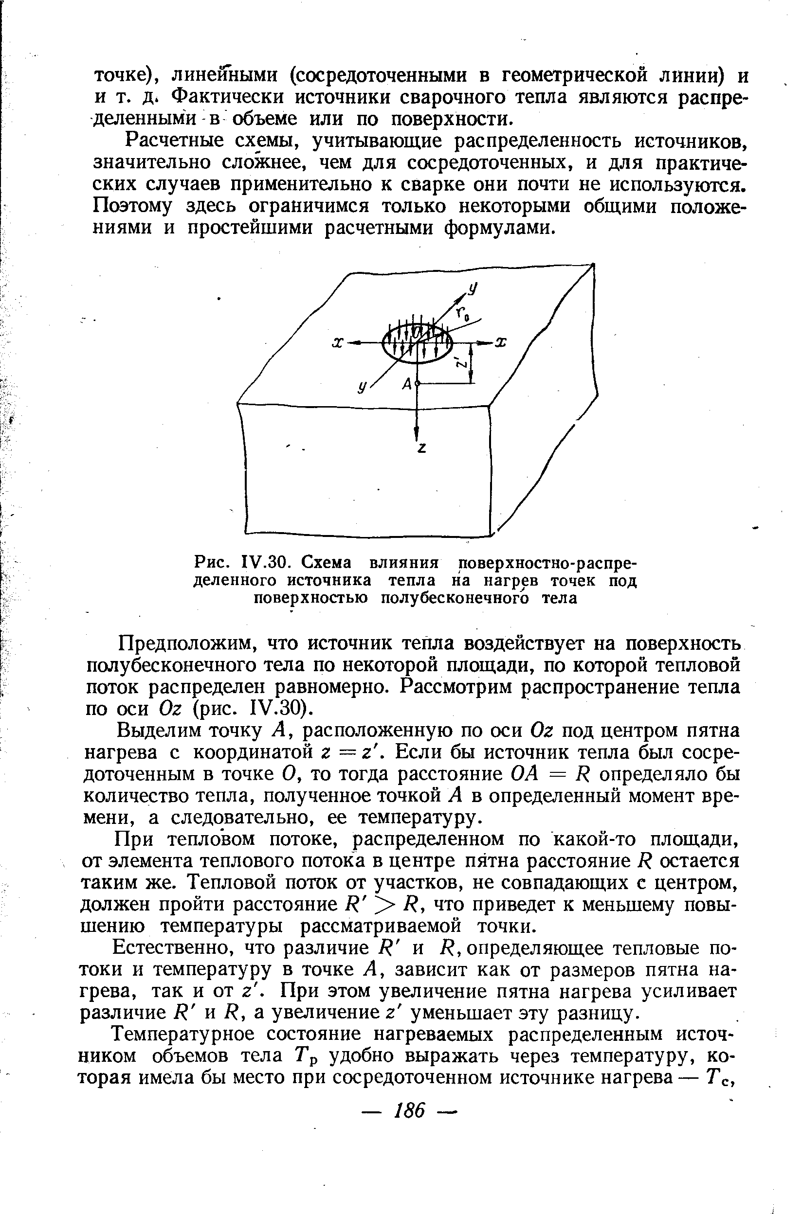 Рис. IV.30. Схема влияния поверхиостно-распре-делеиного <a href="/info/103701">источника тепла</a> на нагрев точек под поверхностью полубесконечного тела
