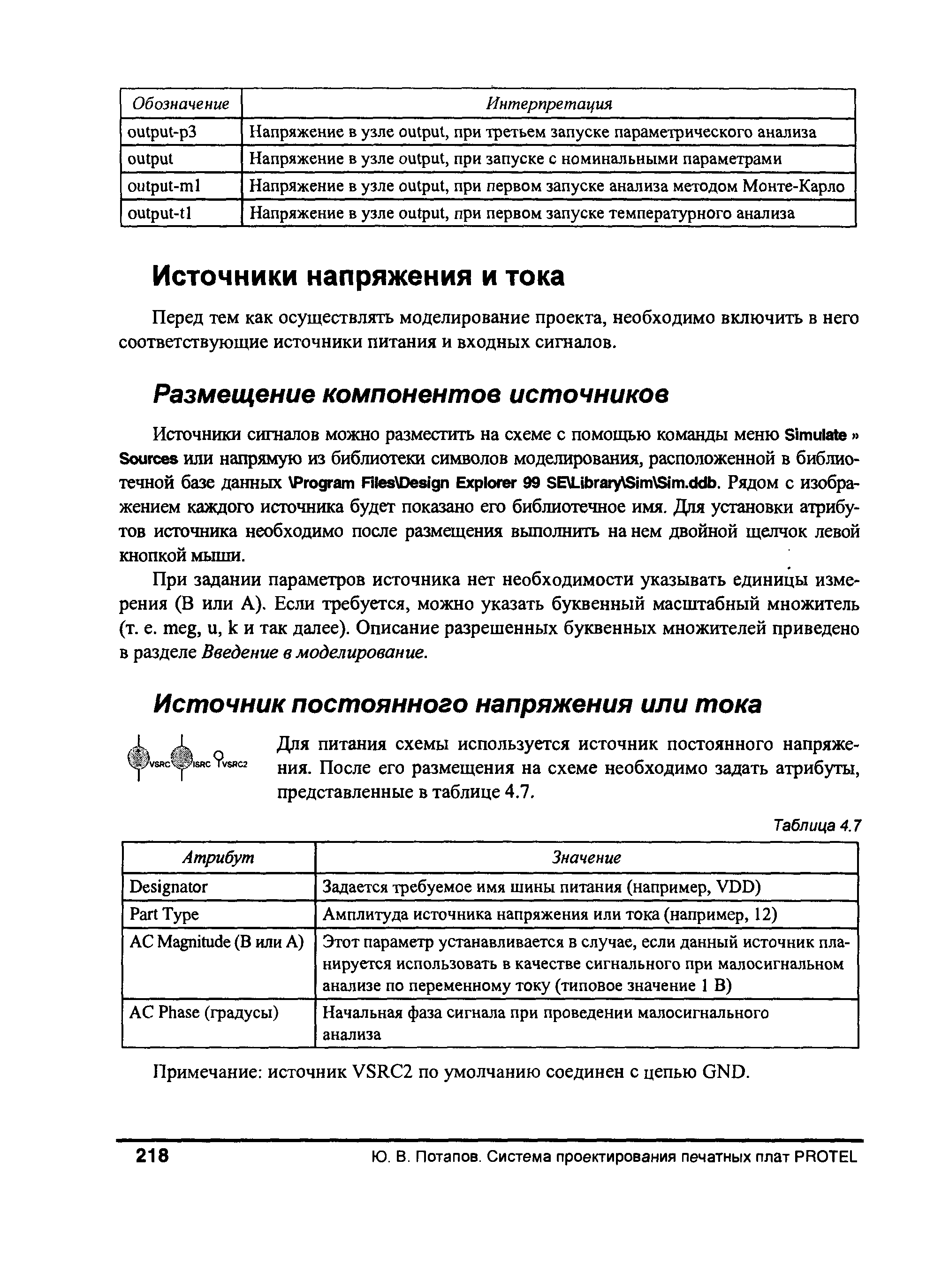 Для питания схемы используется источник постоянного напряже- ния. После его размещения на схеме необходимо задать атрибуты, представленные в таблице 4.7.
