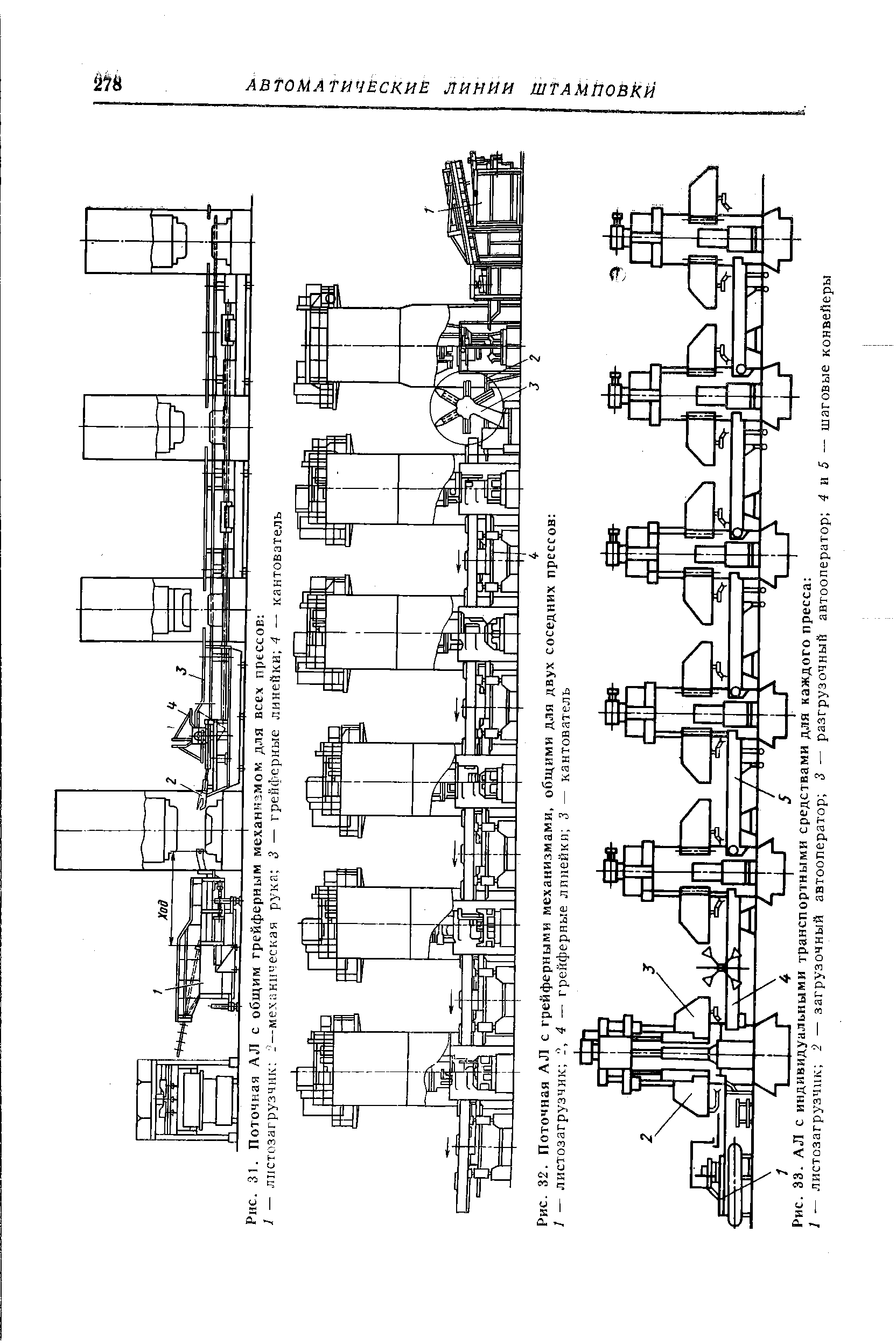 Рис. 32. Поточная АЛ с грейферными механизмами, общими для двух соседних прессов 
