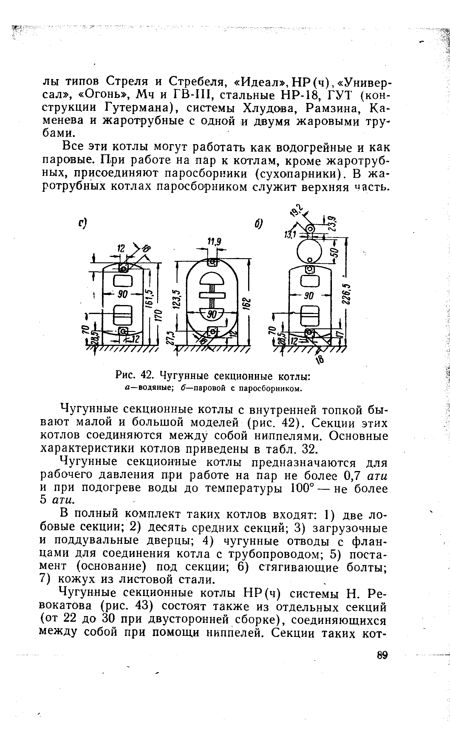 Все эти котлы могут работать как водогрейные и как паровые. При работе на пар к котлам, кроме жаротрубных, присоединяют паросборники (сухопарники). В жаротрубных котлах паросборником служит верхняя часть.
