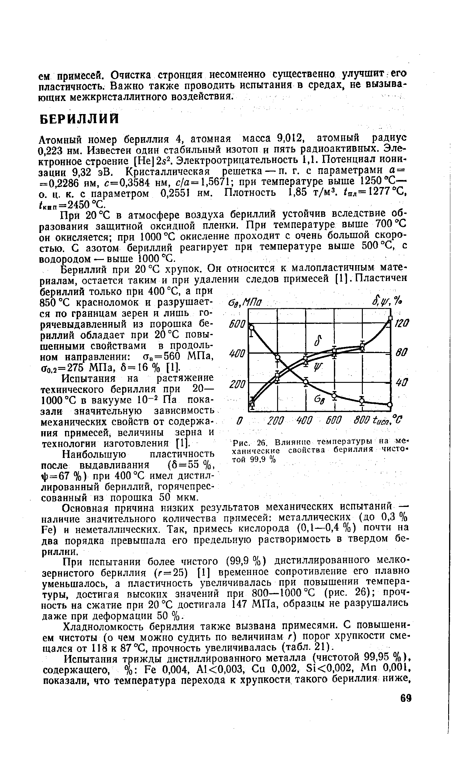 Атомный номер бериллия 4, атомная масса 9,012, атомный радиус 0,223 нм. Известен один стабильный изотоп и пять радиоактивных. Электронное строение [He]2s . Электроотрицательность 1,1. Потенциал ионизации 9,32 эВ. Кристаллическая решетка — п. г. с параметрами а = =0,2286 нм, с=0,3584 нм, с/а= 1,5671 при температуре выше 1250 С— о. ц. к. с параметром 0,2551 нм. Плотность 1,85 т/м . /пл=1277°С, кип =2450 С.
