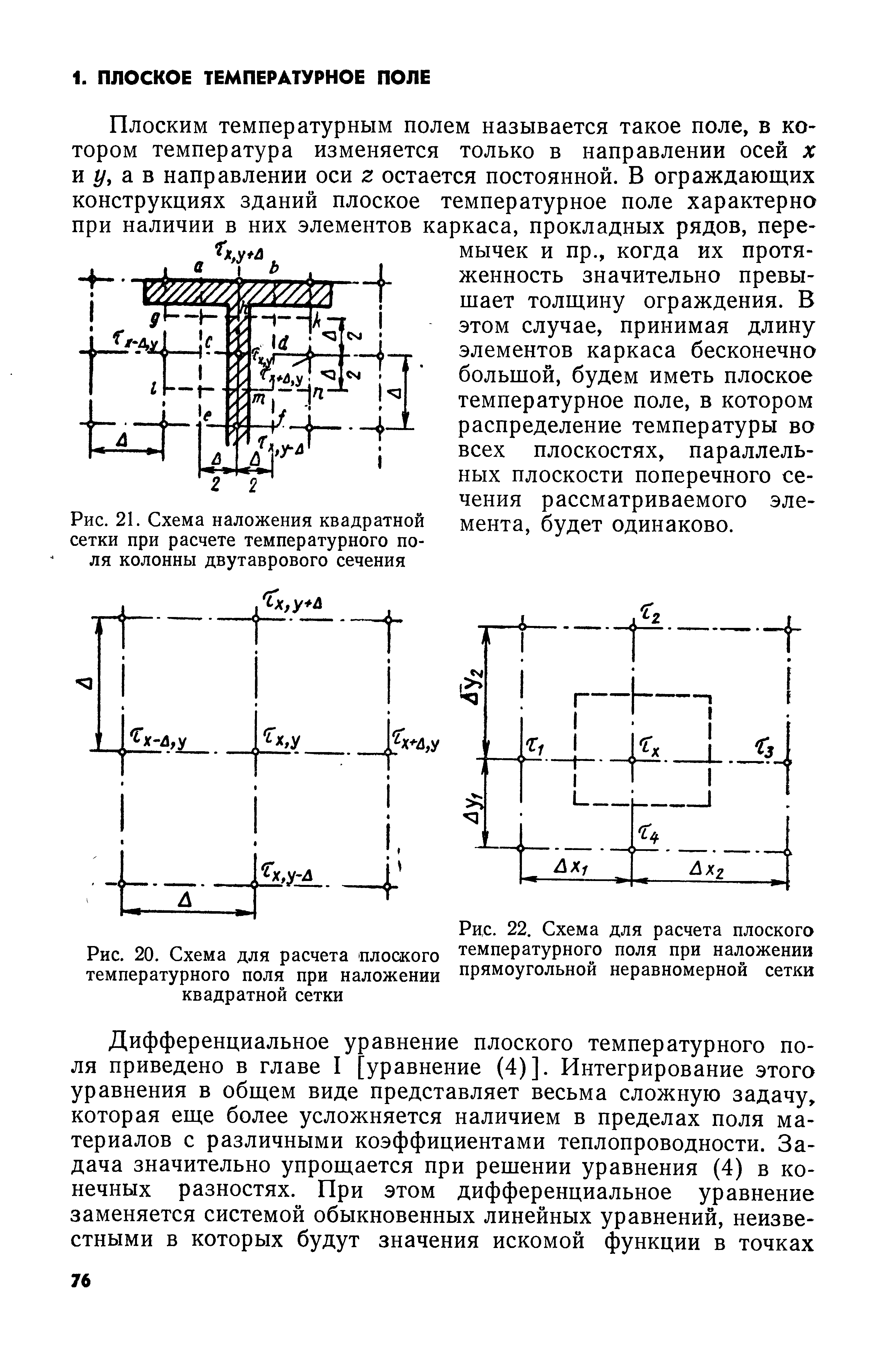Плоским температурным полем называется такое поле, в котором температура изменяется только в направлении осей х и у, а в направлении оси г остается постоянной. В ограждающих конструкциях зданий плоское температурное поле характерно при наличии в них элементов каркаса, прокладных рядов, перемычек и пр., когда их протяженность значительно превышает толщину ограждения. В этом случае, принимая длину элементов каркаса бесконечно большой, будем иметь плоское температурное поле, в котором распределение температуры во всех плоскостях, параллельных плоскости поперечного сечения рассматриваемого элемента, будет одинаково.
