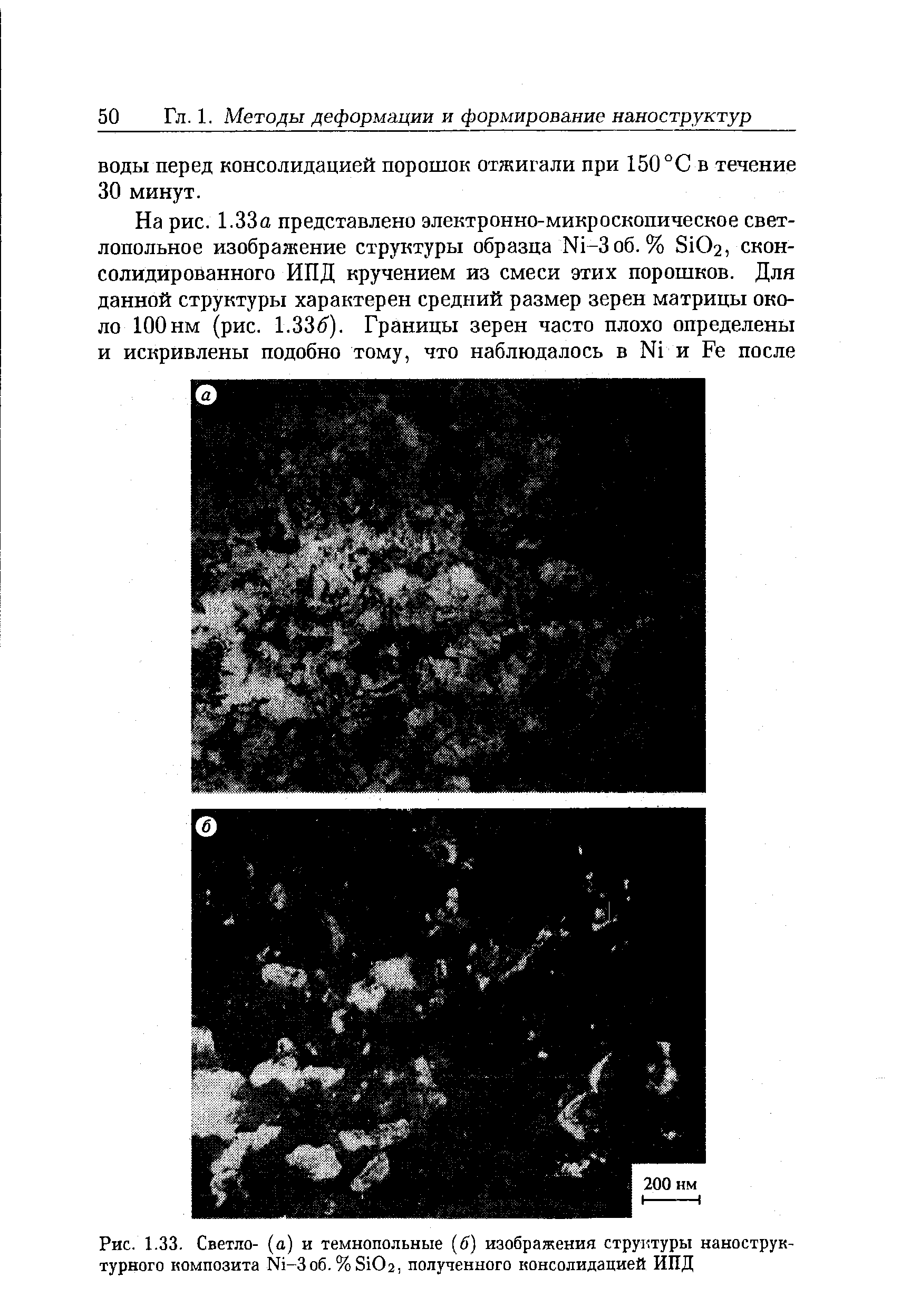 Рис. 1.33. Светло- (а) и темнопольные 6) изображения структуры наноструктурного композита Ni-3o6.%Si02, полученного консолидацией ИПД
