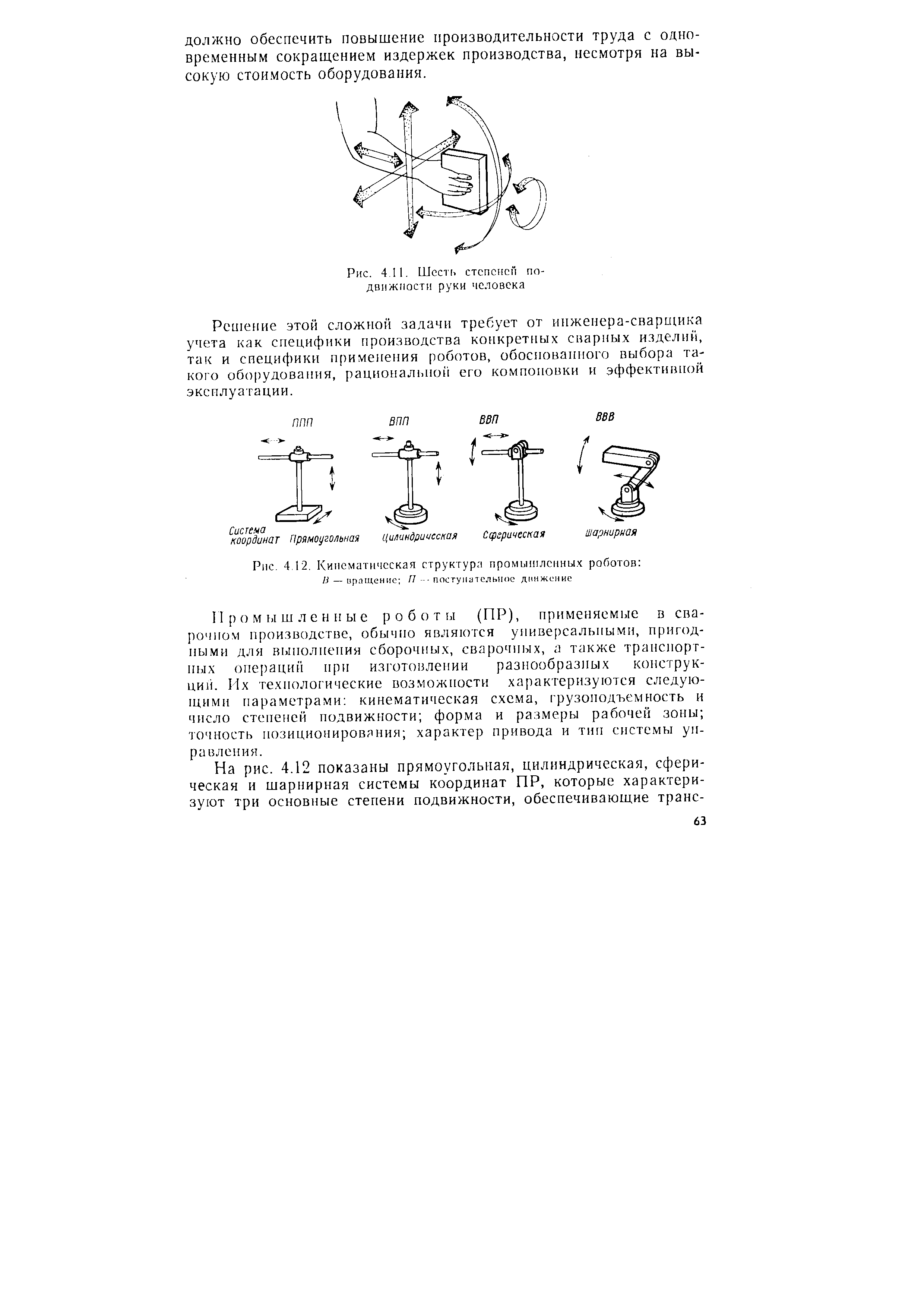 Промышленные роботы (ПР), применяемые в сва-ро ою.м производстве, обычно являются упнверсальпыми, пригодными для выполнения сборочны.х, сварочных, а также транспортных операции при изготовлении разнообразных конструк-ЦИ.Й. Их технологические возможности характеризуются следующими параметрами кинематическая схема, 1 рузоподъемность и число степеней подвижности форма и размеры рабочей зоны точность позиционирования характер привода и тип системы управления.
