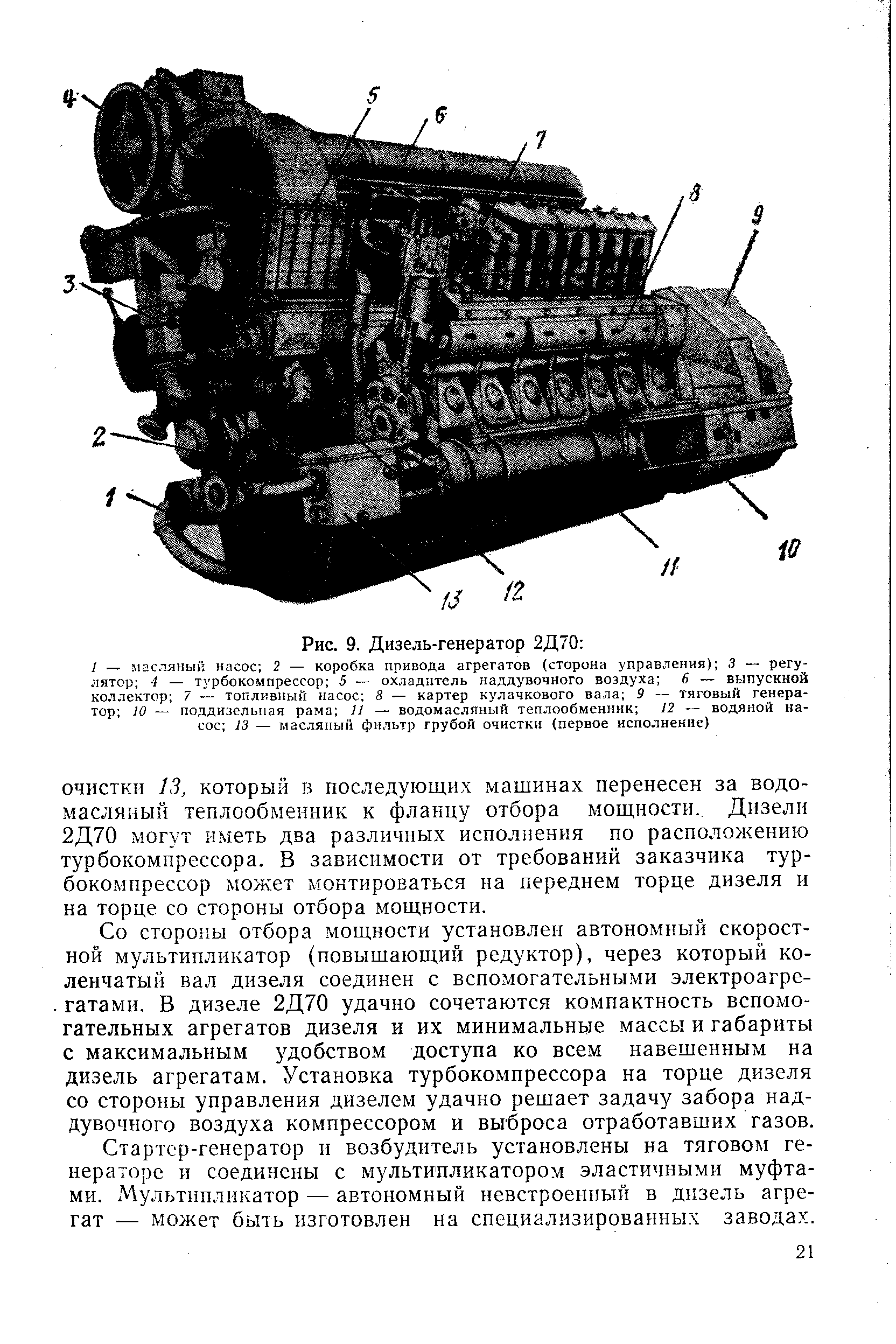 ОЧИСТКИ 13, который ТЗ последующих мащинах перенесен за водомасляный теплообменник к фланцу отбора мощности. Дизели 2Д70 могут иметь два различных исполнения по расположению турбокомпрессора. В зависимости от требований заказчика турбокомпрессор может монтироваться на переднем торце дизеля и на торце со стороны отбора мощности.
