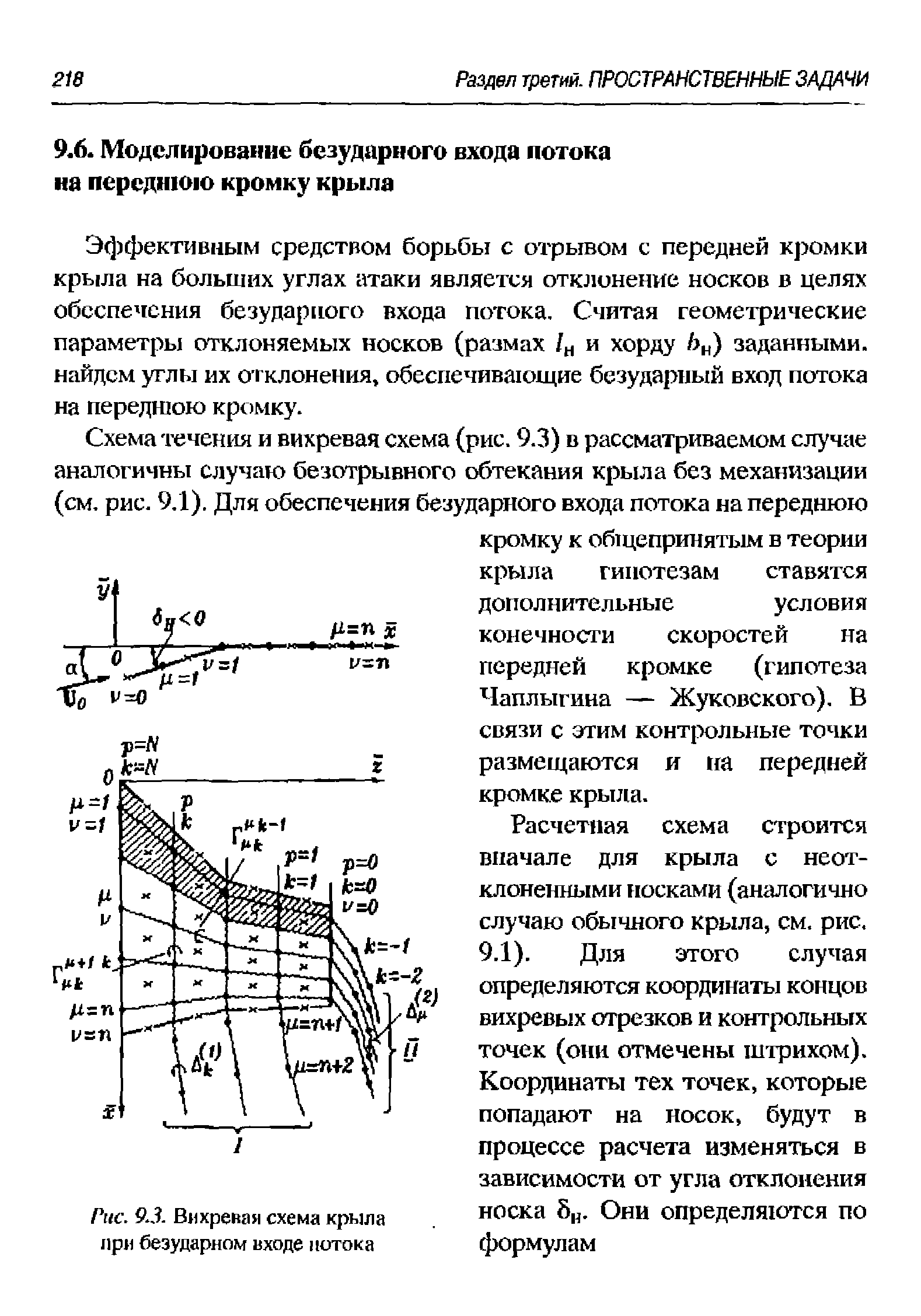 Эффективным средством борьОы с отрывом с передней кромки крыла на больших углах атаки является отклонение носков в целях обеспечения безударного входа потока. Считая геометрические параметры отклоняемых носков (размах и хорду h ,) заданными, найдем углы их отклонения, обеспечивающие безударный вход потока на переднюю кромку.
