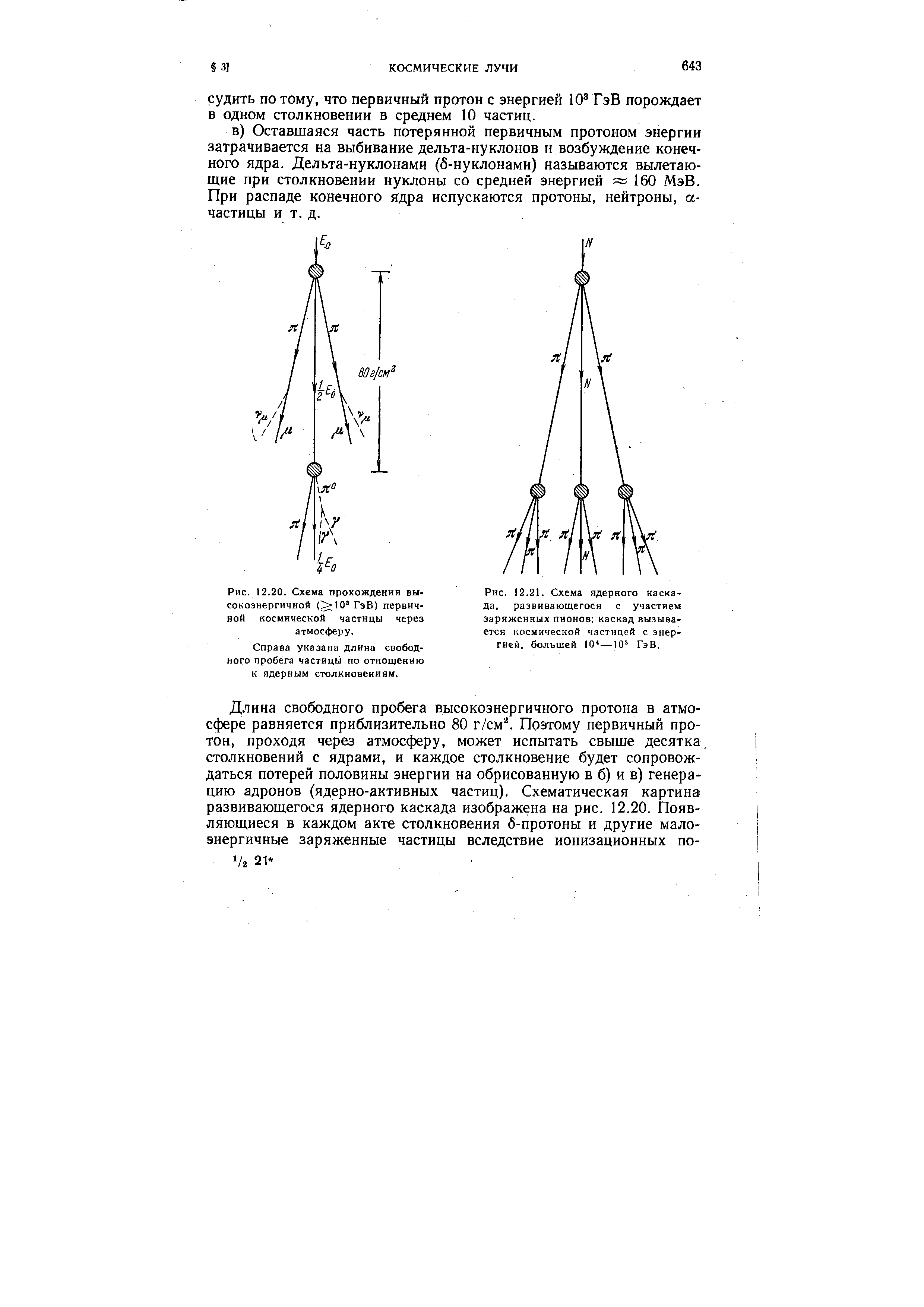 Рис. 12.20. Схема прохождения высокоэнергичной (>10 ГэВ) первичной космической частицы через атмосферу.
