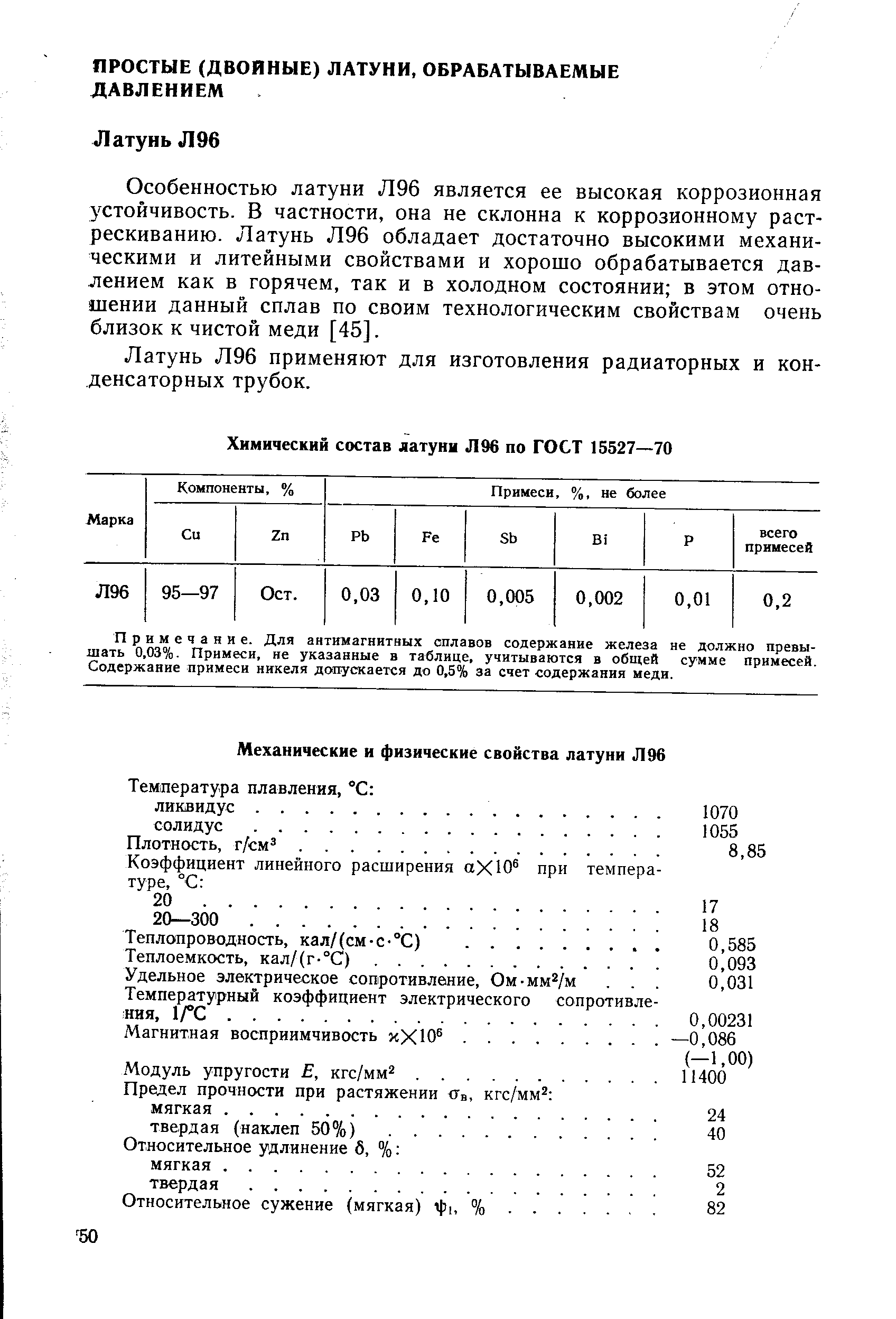 Особенностью латуни Л96 является ее высокая коррозионная устойчивость. В частности, она не склонна к коррозионному растрескиванию. Латунь Л96 обладает достаточно высокими механическими и литейными свойствами и хорошо обрабатывается давлением как в горячем, так и в холодном состоянии в этом отношении данный сплав по своим технологическим свойствам очень близок к чистой меди [45].
