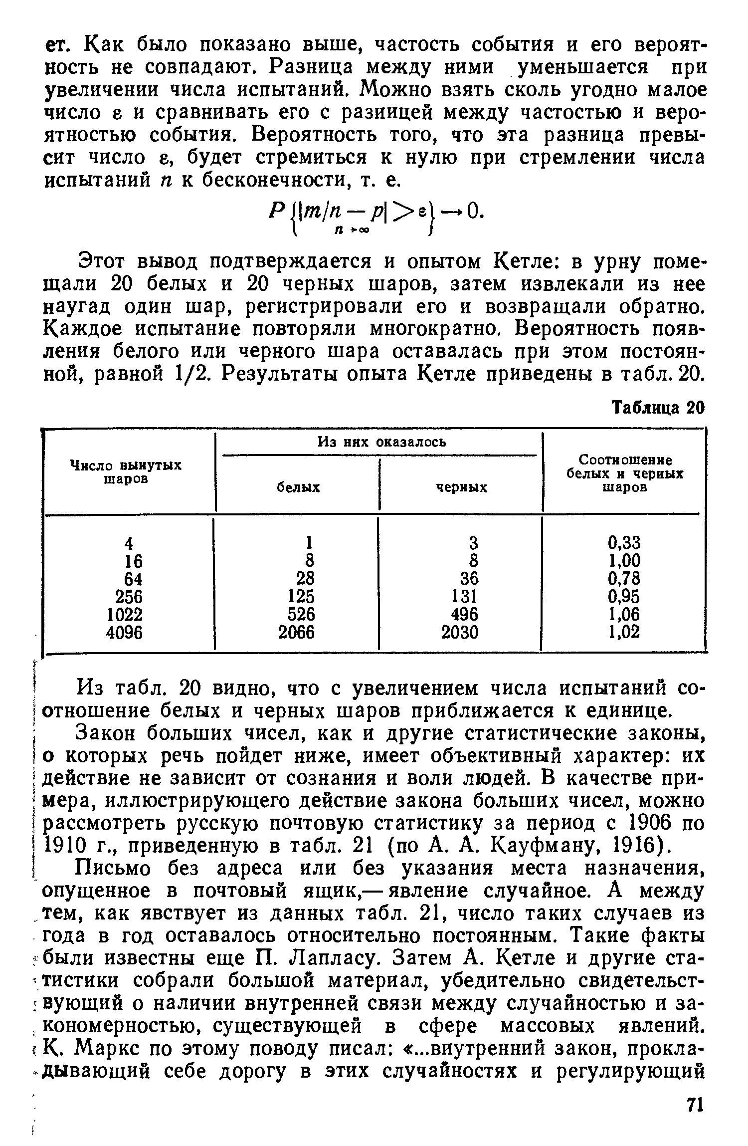Этот вывод подтверждается и опытом Кетле в урну помещали 20 белых и 20 черных шаров, затем извлекали из нее наугад один шар, регистрировали его и возвращали обратно. Каждое испытание повторяли многократно. Вероятность появления белого или черного шара оставалась при этом постоянной, равной 1/2. Результаты опыта Кетле приведены в табл. 20.
