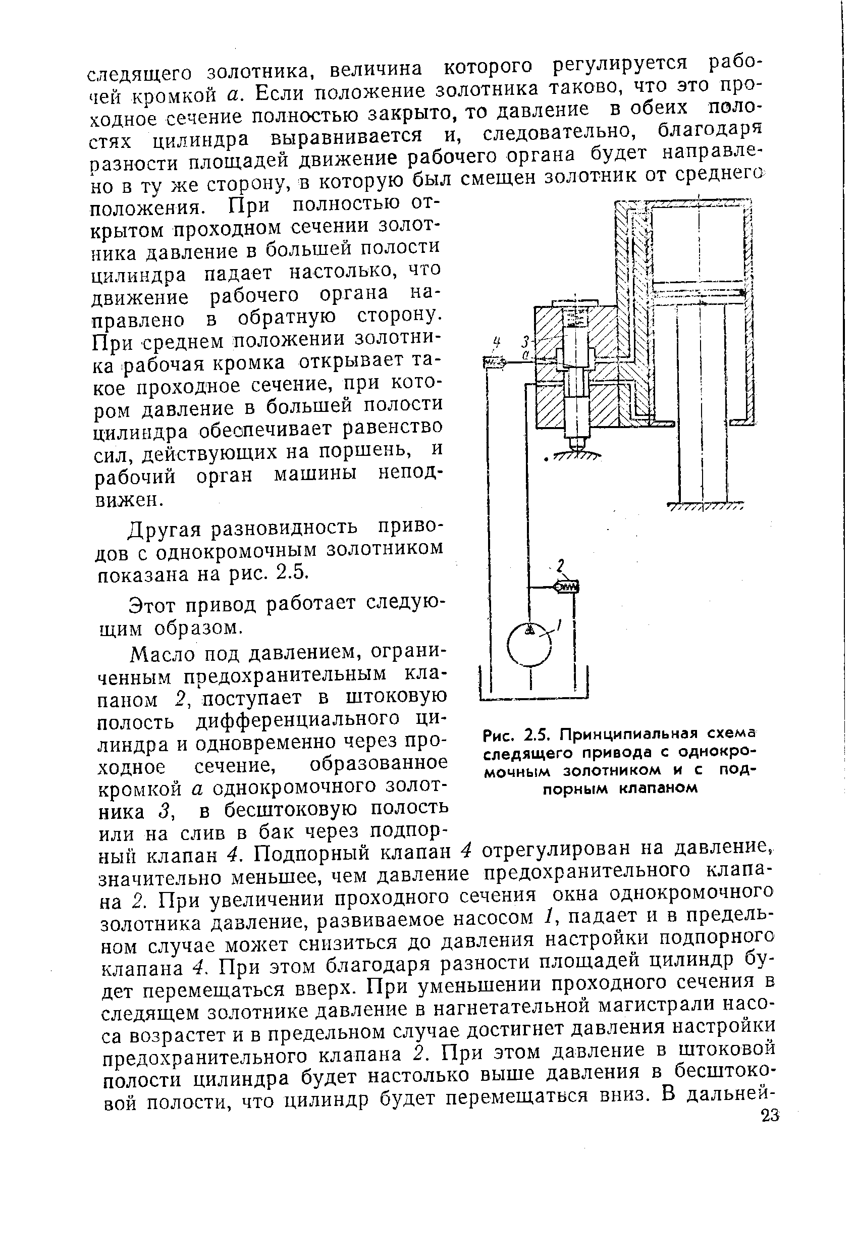 Рис. 2.5. <a href="/info/4763">Принципиальная схема</a> следящего привода с однокромочным золотником и с подпорным клапаном
