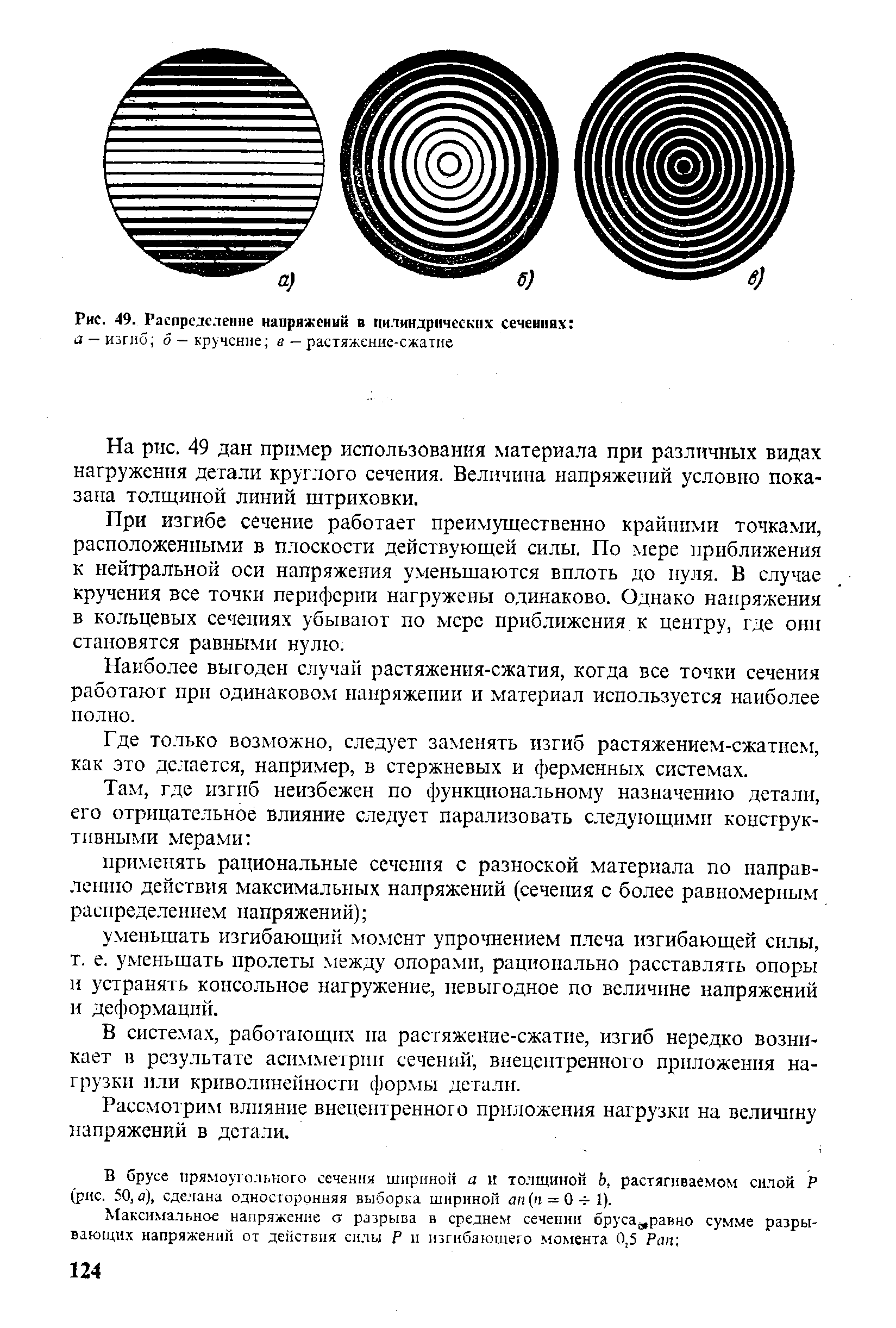 На рис. 49 дан пример использования материала при различных видах нагружения детали круглого сечения. Величина напряжений условно показана толщиной линий штриховки.
