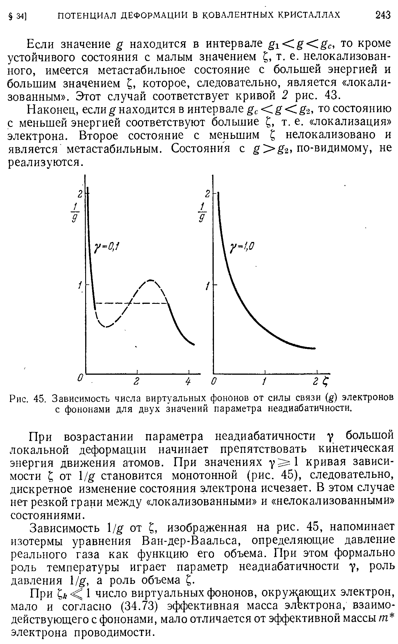 Рис. 45. Зависимость чис.та виртуальных фононов от <a href="/info/241235">силы связи</a> ( ) электронов с фононами для двух значений параметра неадиабатичности.
