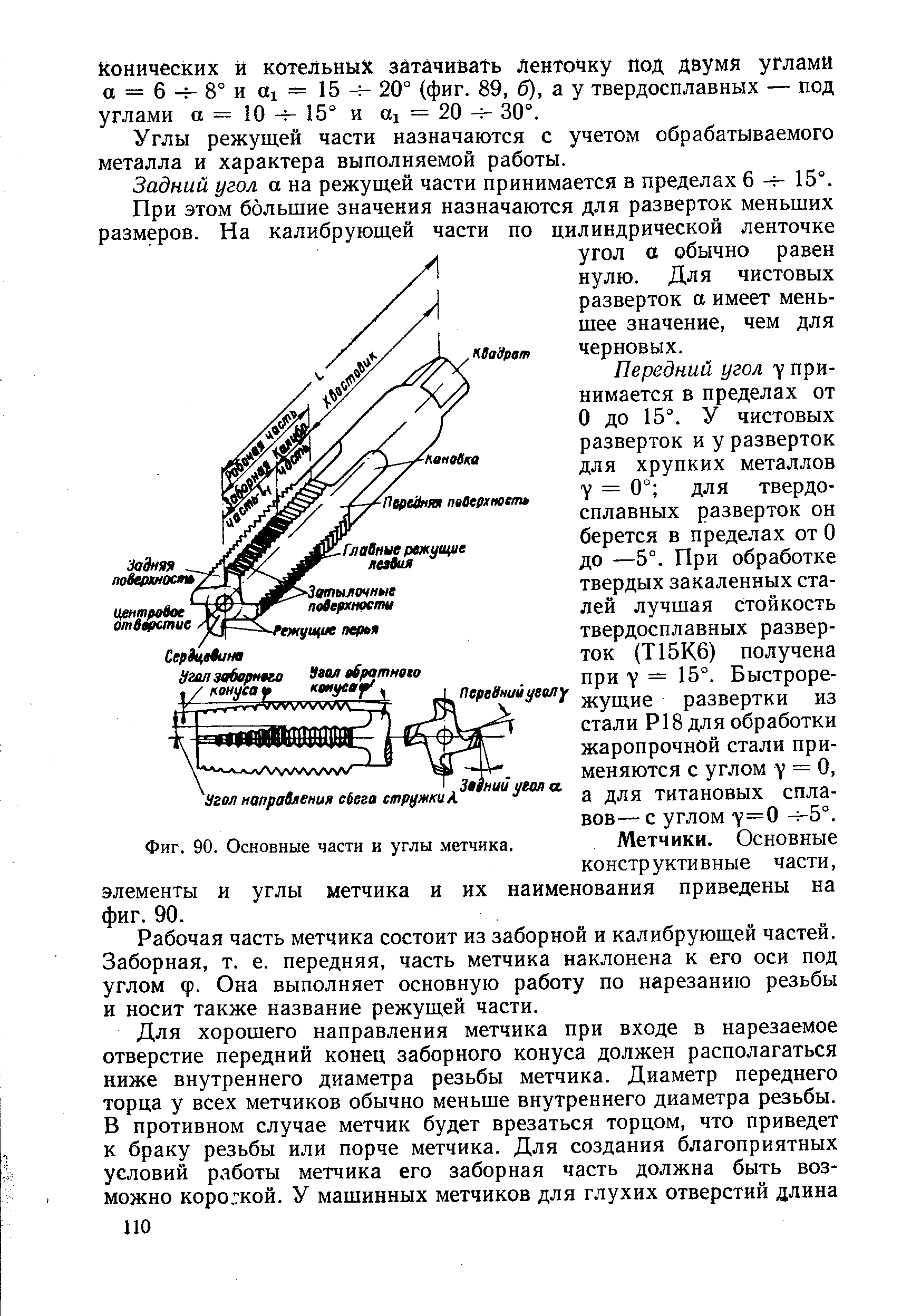 Фиг. 90. <a href="/info/437560">Основные части</a> и углы метчика.
