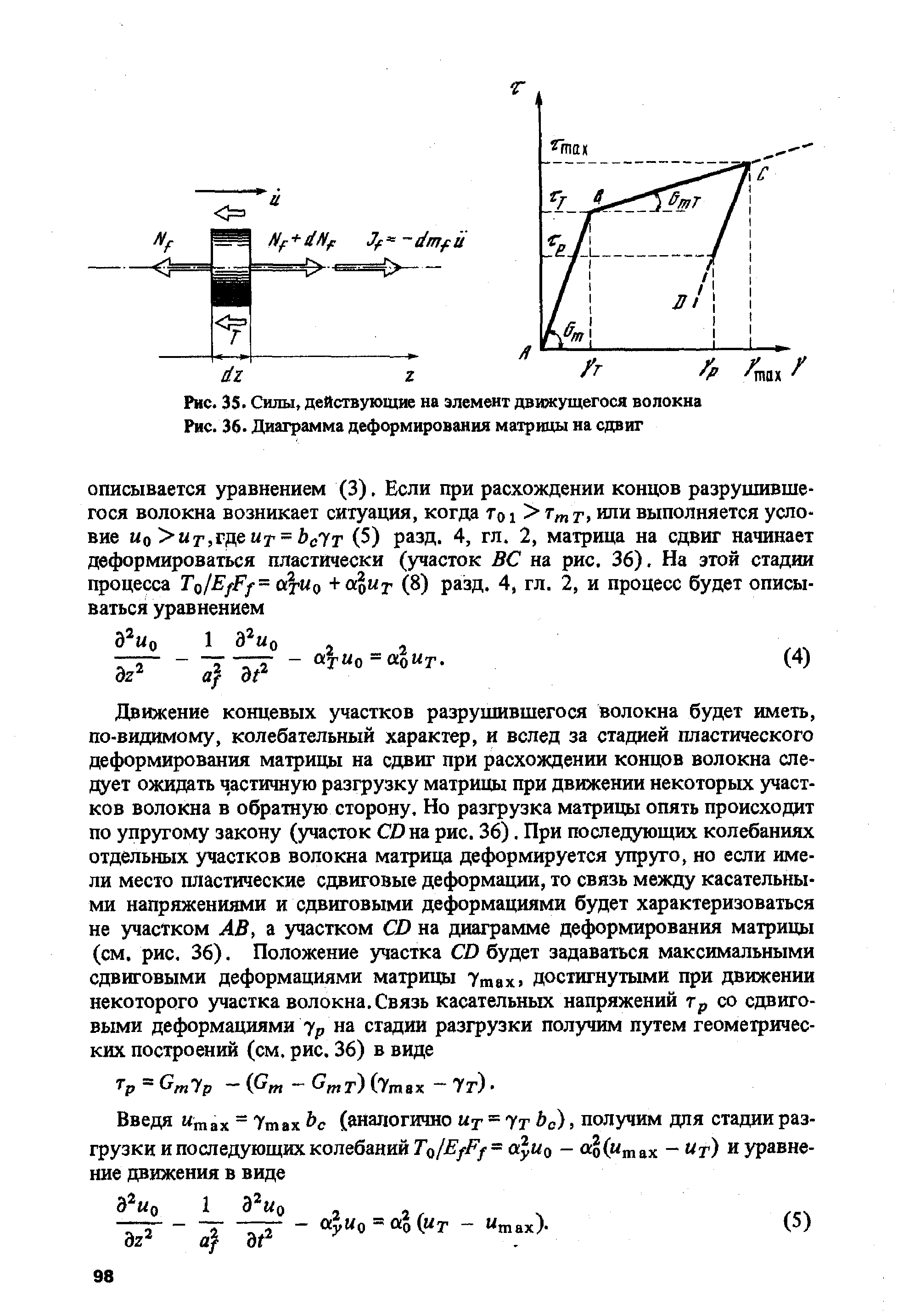 Рис. 35. Силы, действующие на элемент движущегося волокна Рис. 36. <a href="/info/28732">Диаграмма деформирования</a> матрищл на сдвиг
