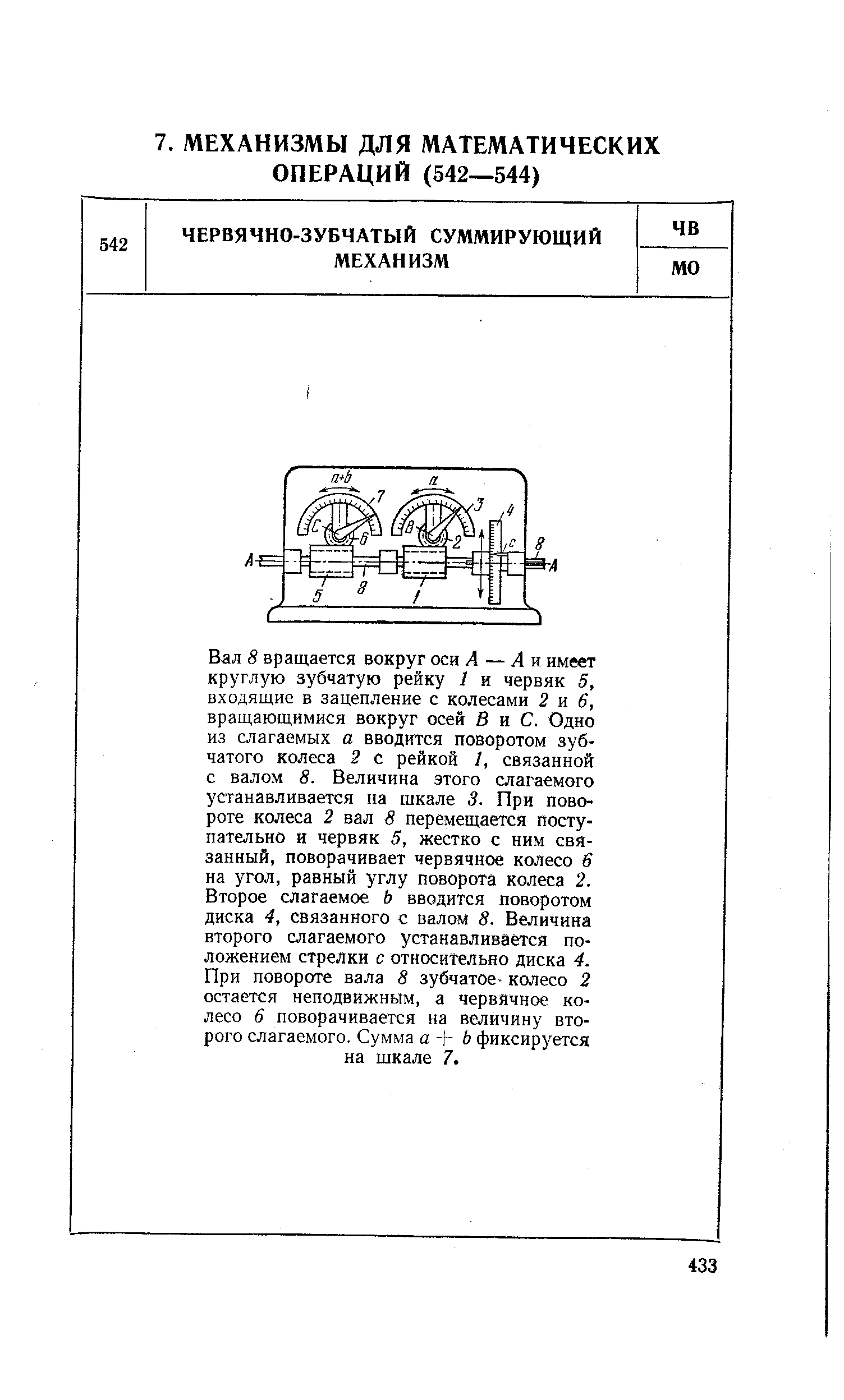 Вал 8 вращается вокруг оси Л — Л и имеет круглую зубчатую рейку 1 и червяк 5, входящие в зацепление с колесами 2 к 6, вращающимися вокруг осей В а С. Одно из слагаемых а вводится поворотом зубчатого колеса 2 с рейкой 1, связанной с валом 8. Величина этого слагаемого устанавливается на шкале 3. При повороте колеса 2 вал 8 перемещается поступательно и червяк 5, жестко с ним связанный, поворачивает червячное колесо 6 на угол, равный углу поворота колеса 2. Второе слагаемое Ь вводится поворотом диска 4, связанного с валом 8. Величина второго слагаемого устанавливается положением стрелки с относительно диска 4. При повороте вала 8 зубчатое- колесо 2 остается неподвижным, а червячное колесо 6 поворачивается на величину второго слагаемого. Сумма а + 6 фиксируется на шкале 7.
