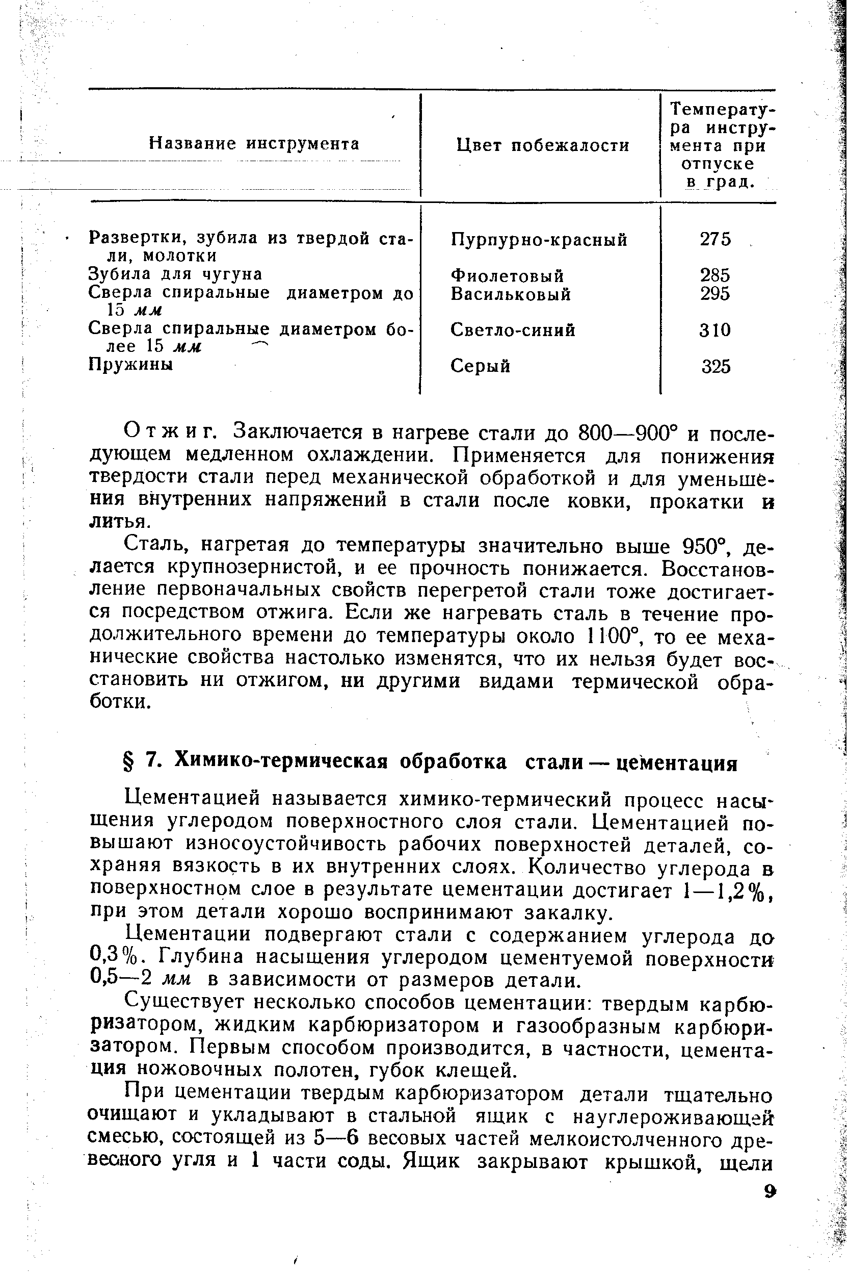 Цементацией называется химико-термический процесс насыщения углеродом поверхностного слоя стали. Цементацией повышают износоустойчивость рабочих поверхностей деталей, сохраняя вязкость в их внутренних слоях. Количество углерода в поверхностном слое в результате цементации достигает 1—1,2%, при этом детали хорошо воспринимают закалку.
