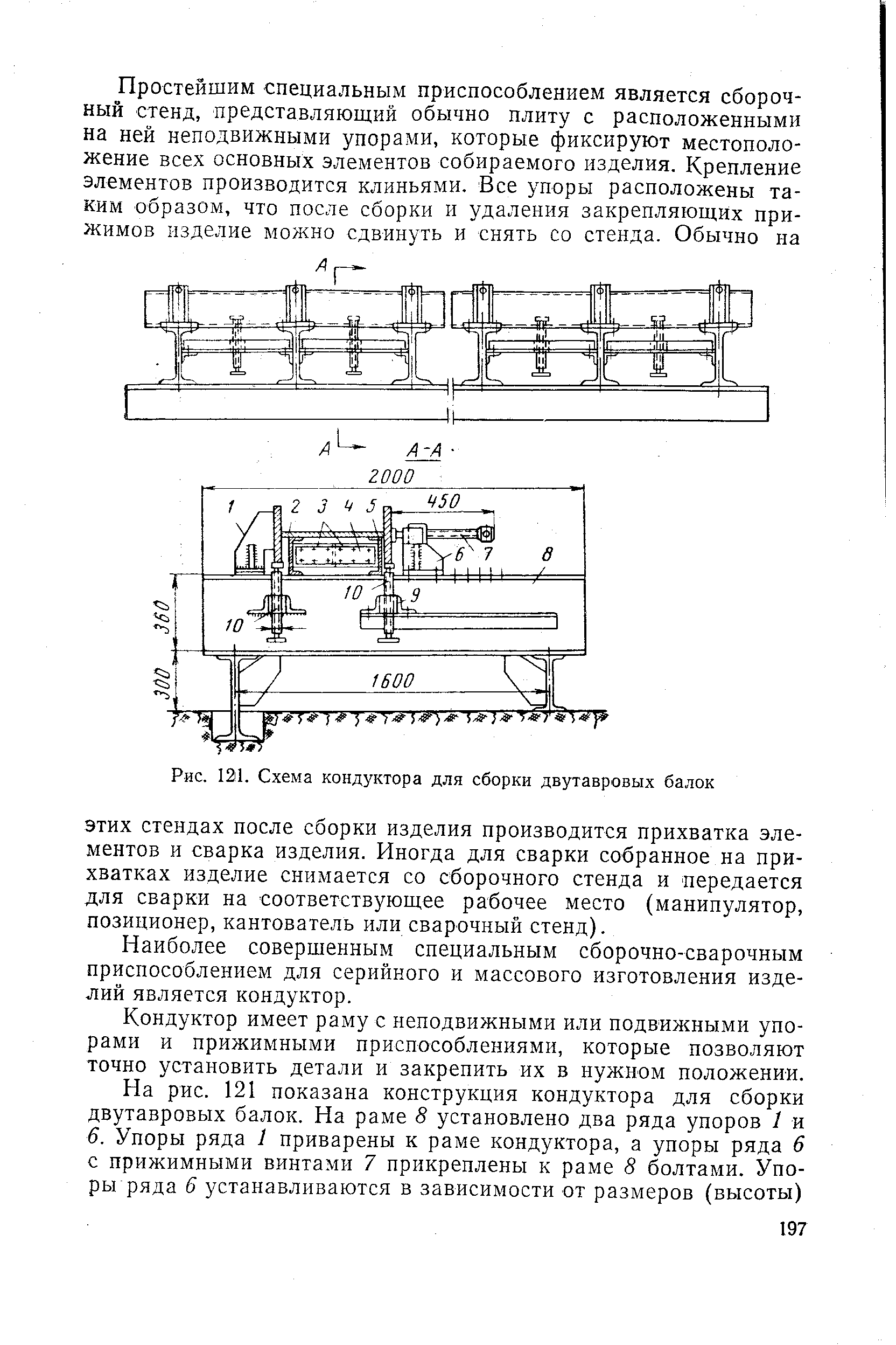 Рис. 121. Схема кондуктора для сборки двутавровых балок
