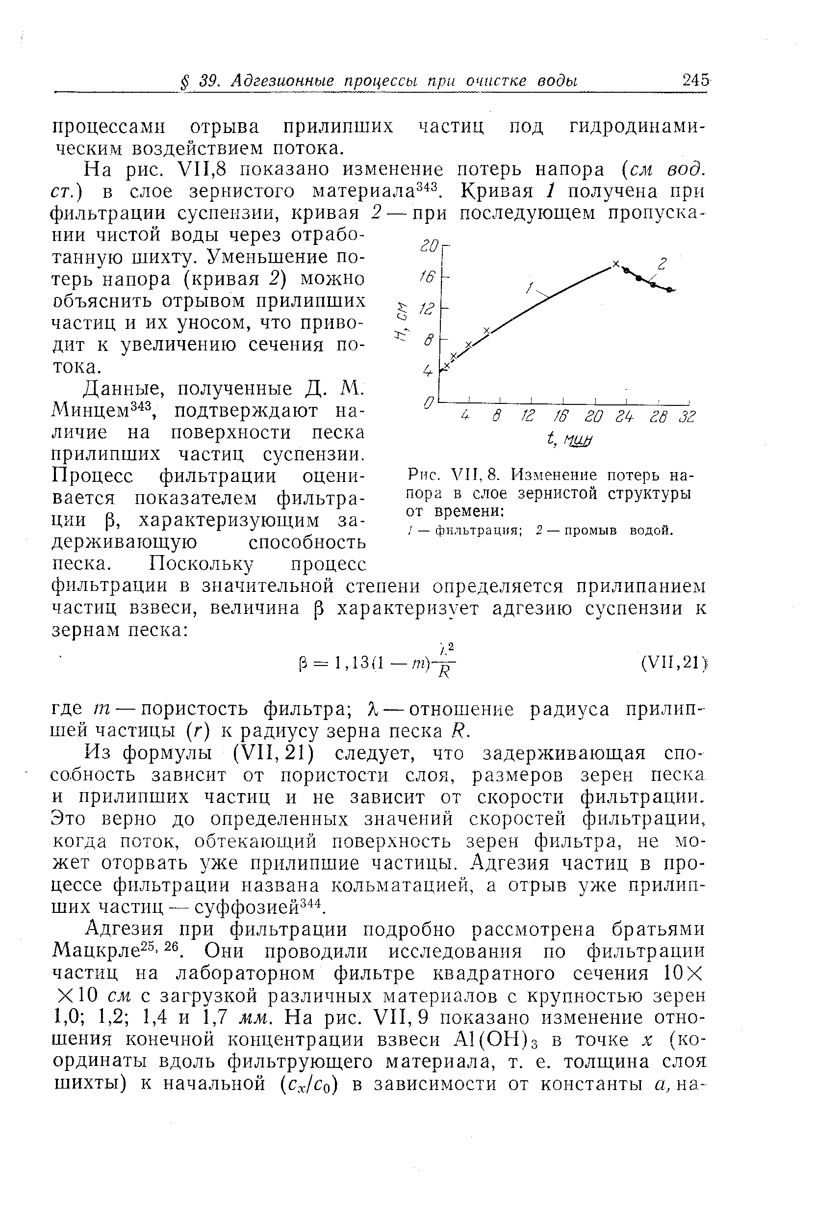 На рис, VII,8 показано изменение потерь напора (см вод. ст.) в слое зернистого материала з. Кривая 1 получена при фильтрации суспензии, кривая 2 — при последующерл пропускании чистой воды через отработанную шихту. Уменьшение потерь напора (кривая 2) можно объяснить отрывом прилипших частиц и их уносом, что приводит к увеличению сечения потока.
