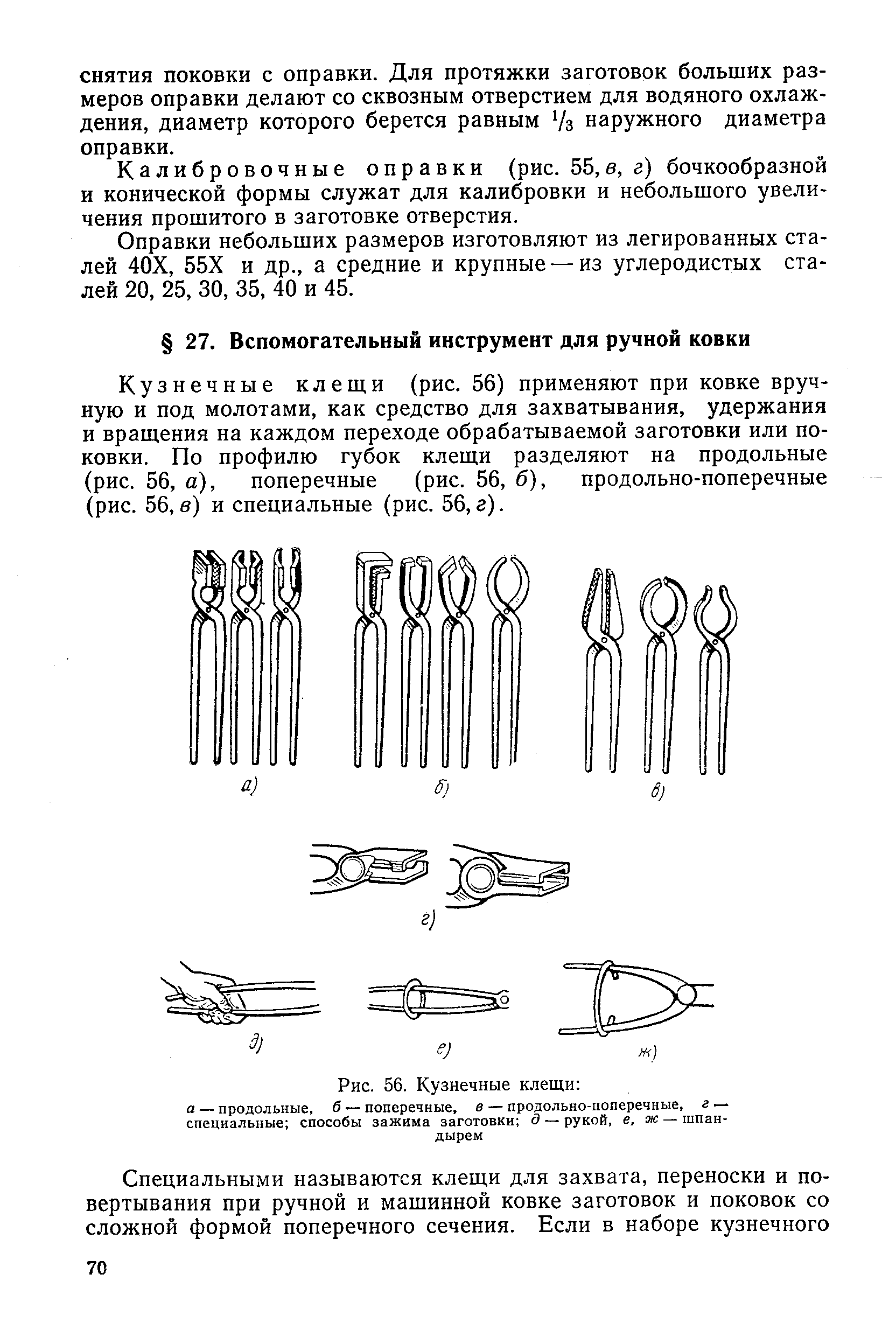 Кузнечные клеш,и (рис. 56) применяют при ковке вручную и под молотами, как средство для захватывания, удержания и вращения на каждом переходе обрабатываемой заготовки или поковки. По профилю губок клещи разделяют на продольные (рис. 56, а), поперечные (рис. 56, б), продольно-поперечные (рис. 56,в) и специальные (рис. 56,г).
