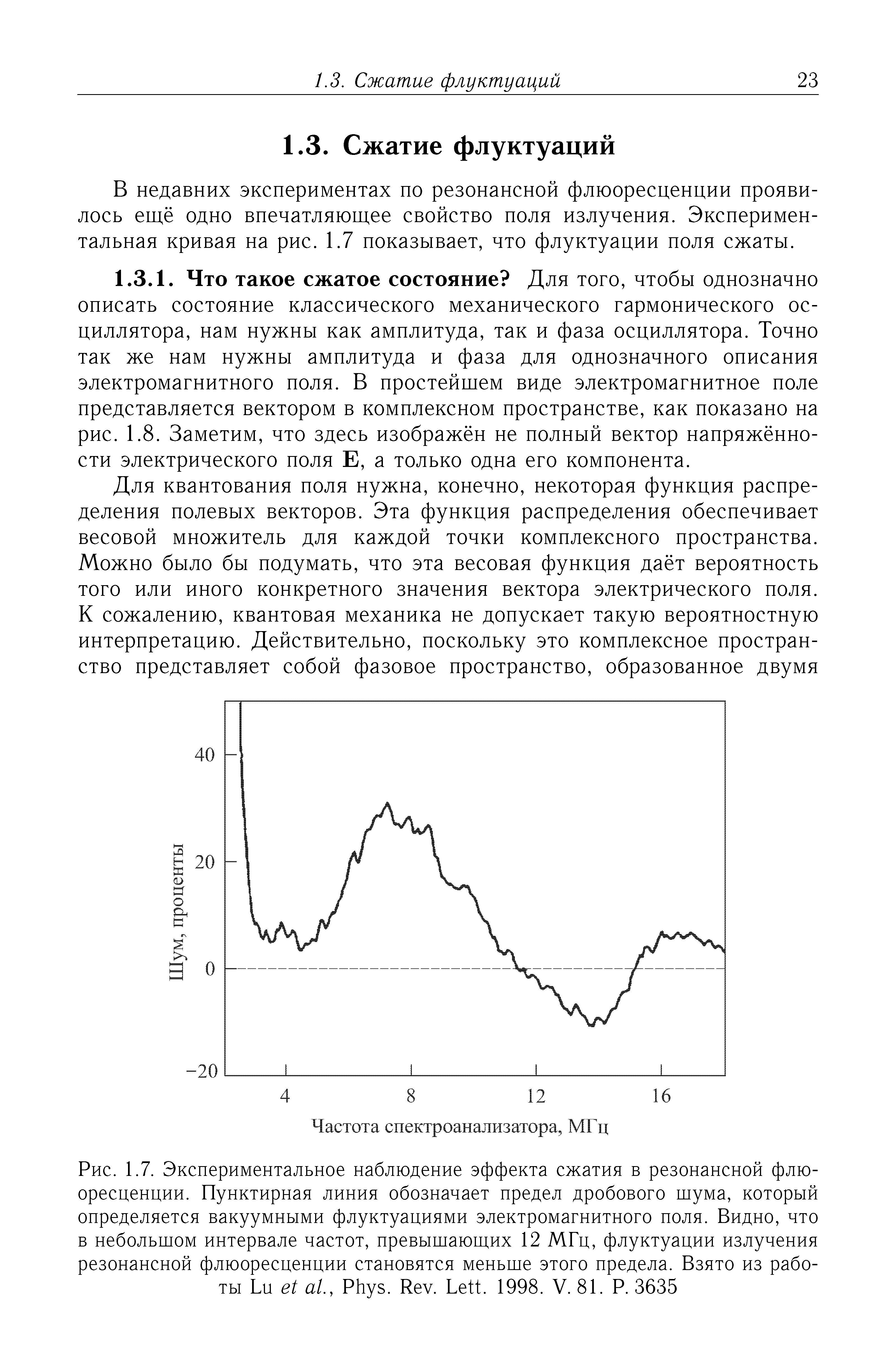 В недавних экспериментах по резонансной флюоресценции проявилось ещё одно впечатляющее свойство поля излучения. Экспериментальная кривая на рис. 1.7 показывает, что флуктуации поля сжаты.
