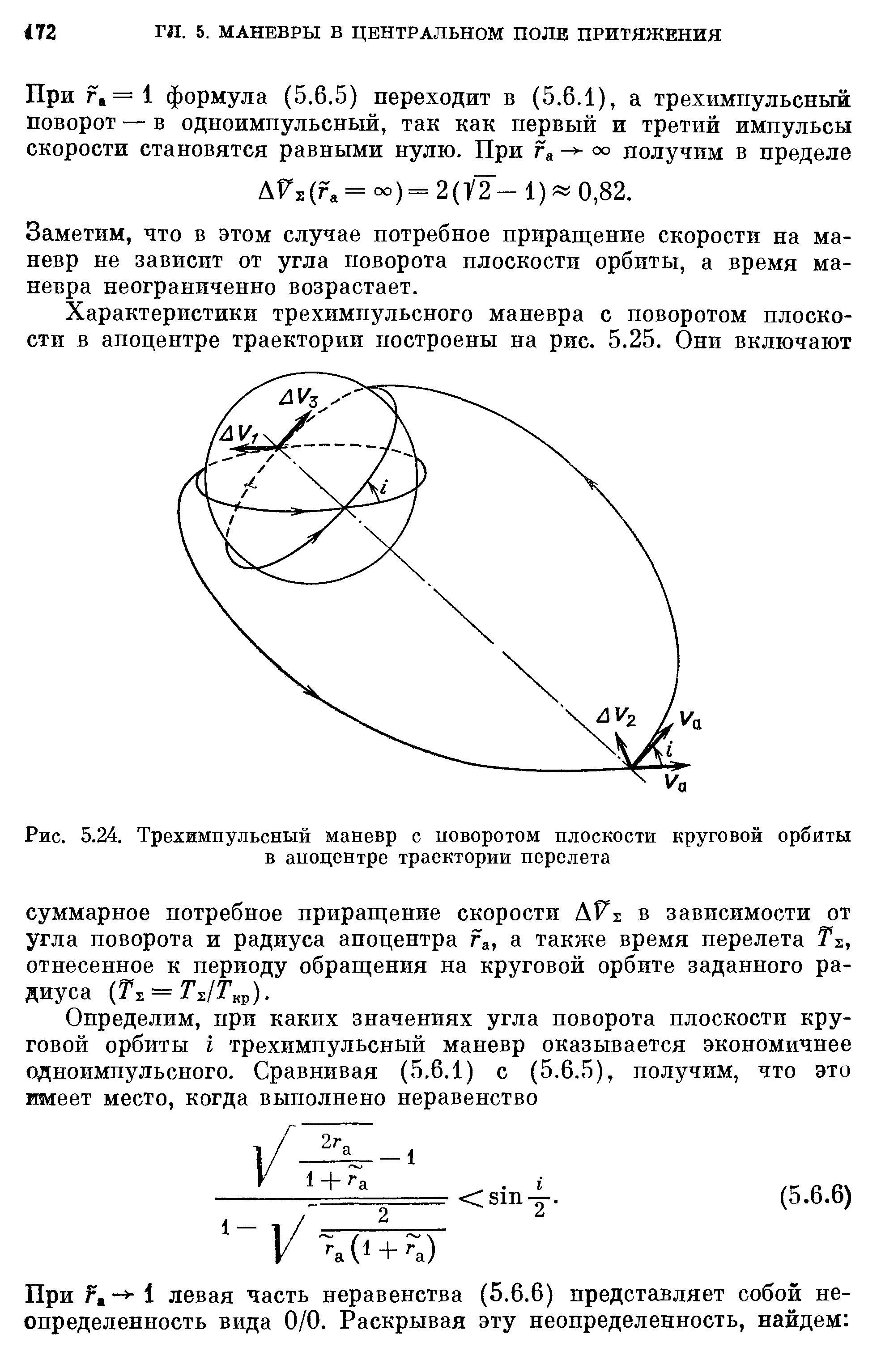 Рис. 5.24, Трехимпульсный маневр с поворотом плоскости круговой орбиты

