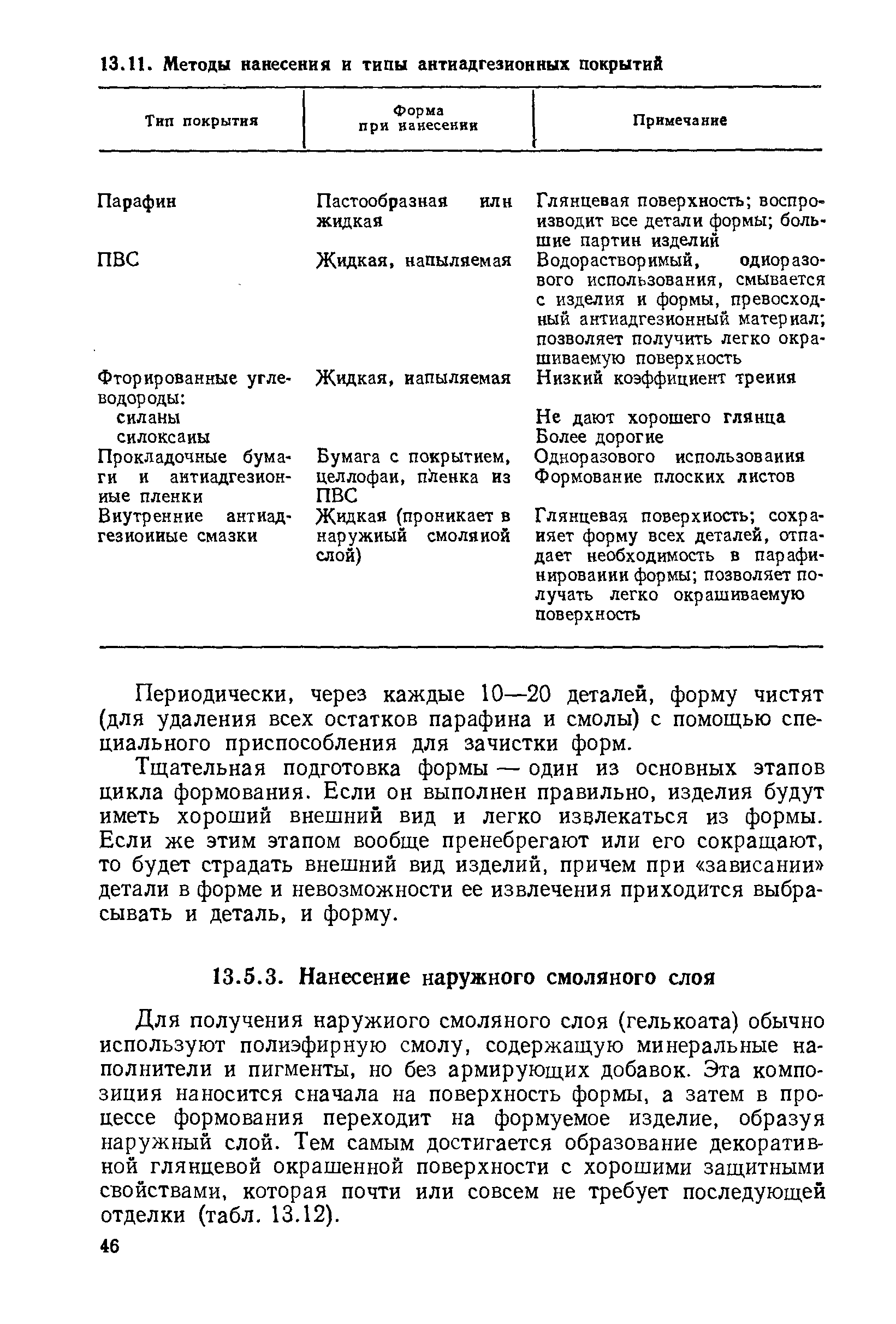 Для получения наружного смоляного слоя (гелькоата) обычно используют полиэфирную смолу, содержащую минеральные наполнители и пигменты, но без армирующих добавок. Эта композиция наносится сначала на поверхность формы, а затем в процессе формования переходит на формуемое изделие, образуя наружный слой. Тем самым достигается образование декоративной глянцевой окрашенной поверхности с хорошими защитными свойствами, которая почти или совсем не требует последующей отделки (табл. 13.12).
