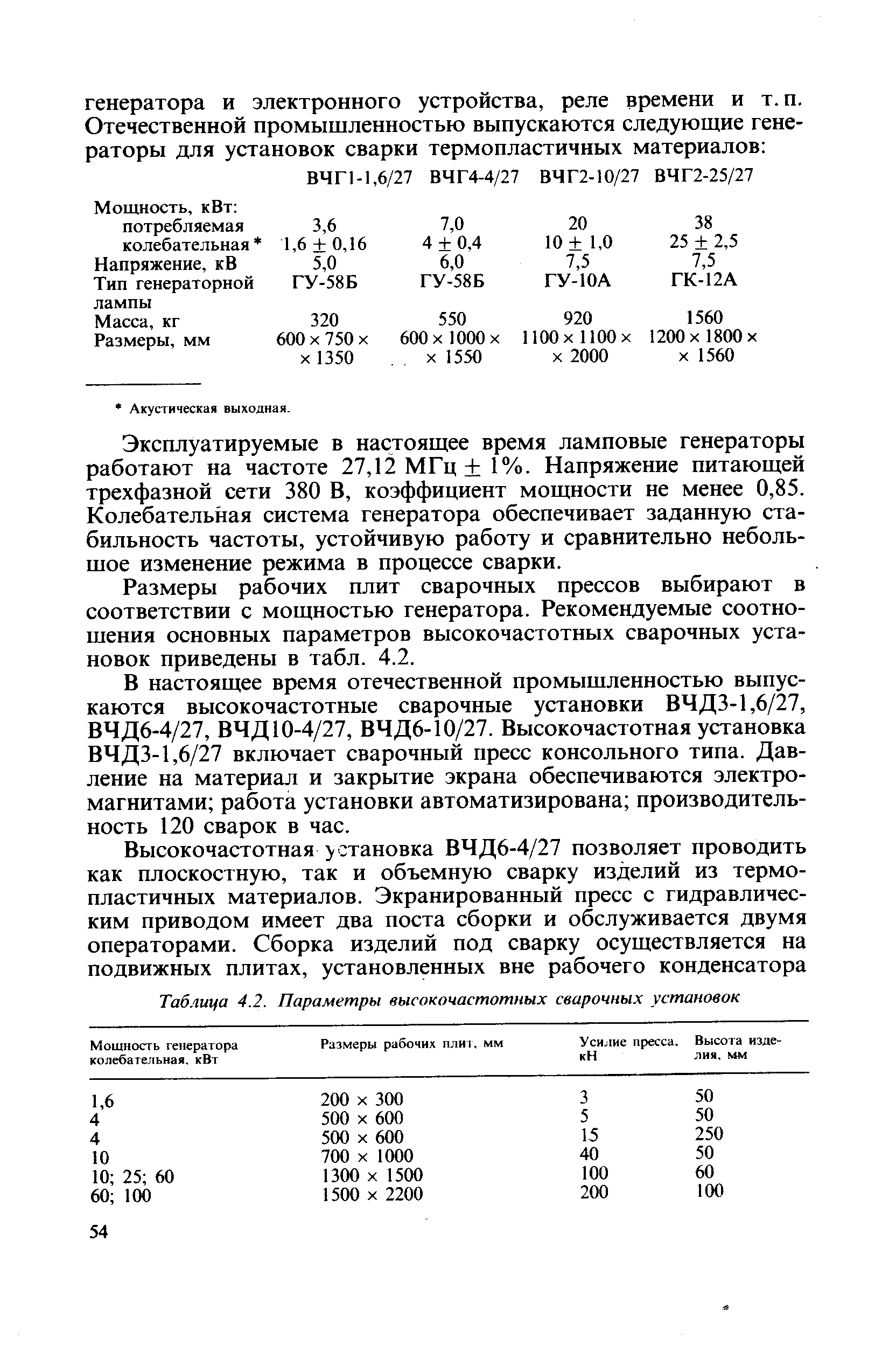 Эксплуатируемые в настоящее время ламповые генераторы работают на частоте 27,12 МГц 1%. Напряжение питающей трехфазной сети 380 В, коэффициент мощности не менее 0,85. Колебательная система генератора обеспечивает заданную стабильность частоты, устойчивую работу и сравнительно небольшое изменение режима в процессе сварки.
