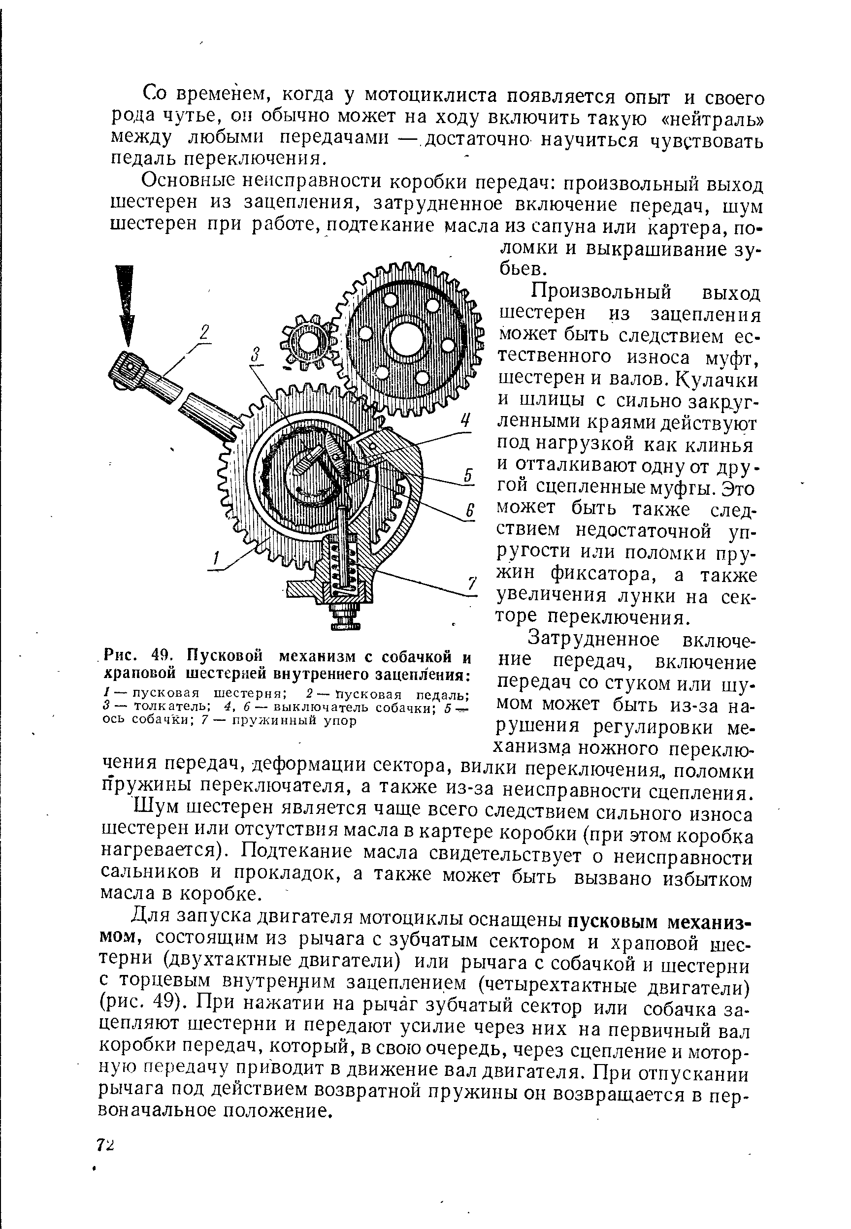 Рис. 49. Пусковой механизм с собачкой и храповой шестерней внутреннего зацепления 
