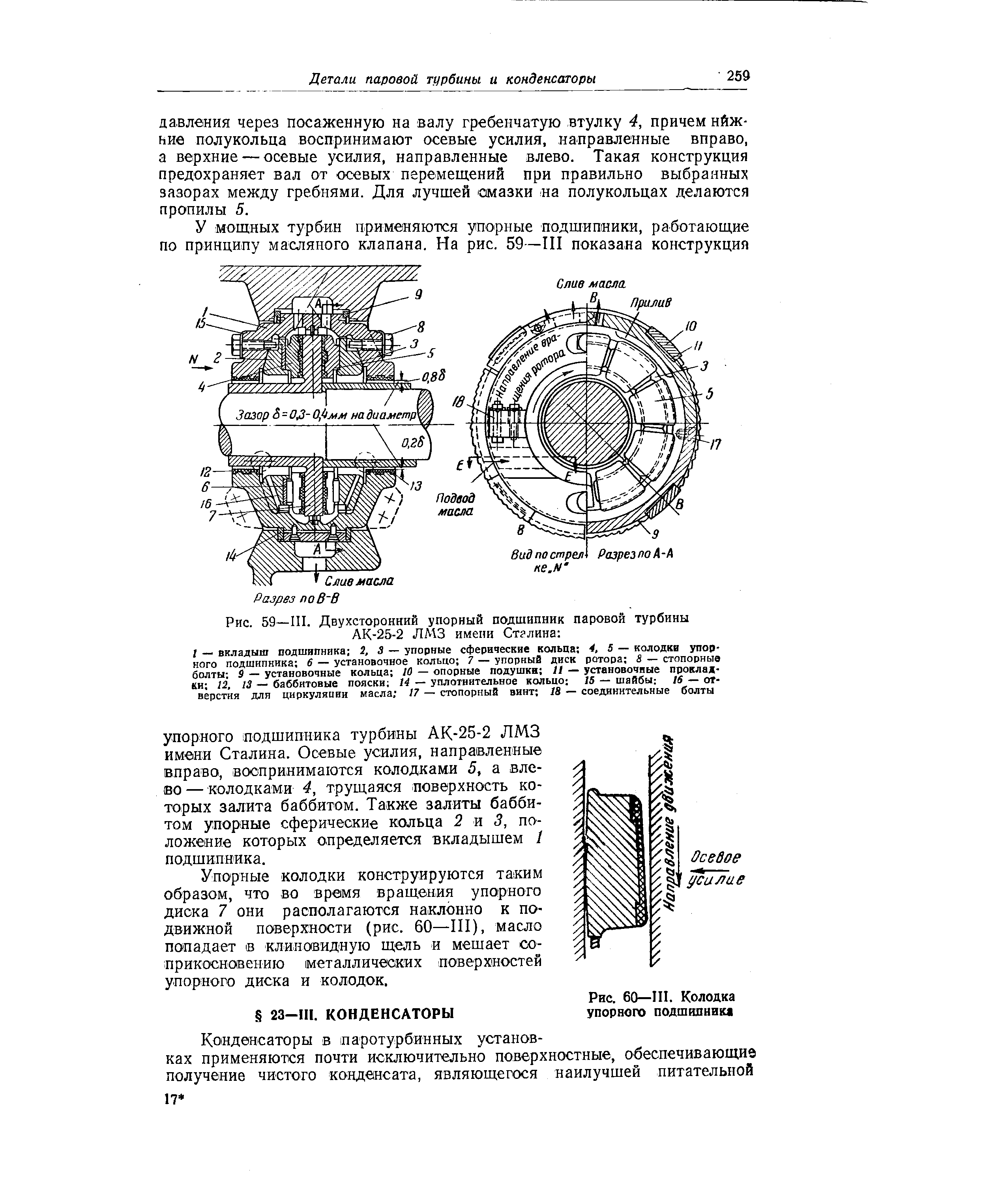 Рис. 59—III. Двухсторонний упорный подшипник паровой турбины АК-25-2 ЛМЗ имени Ст лина 
