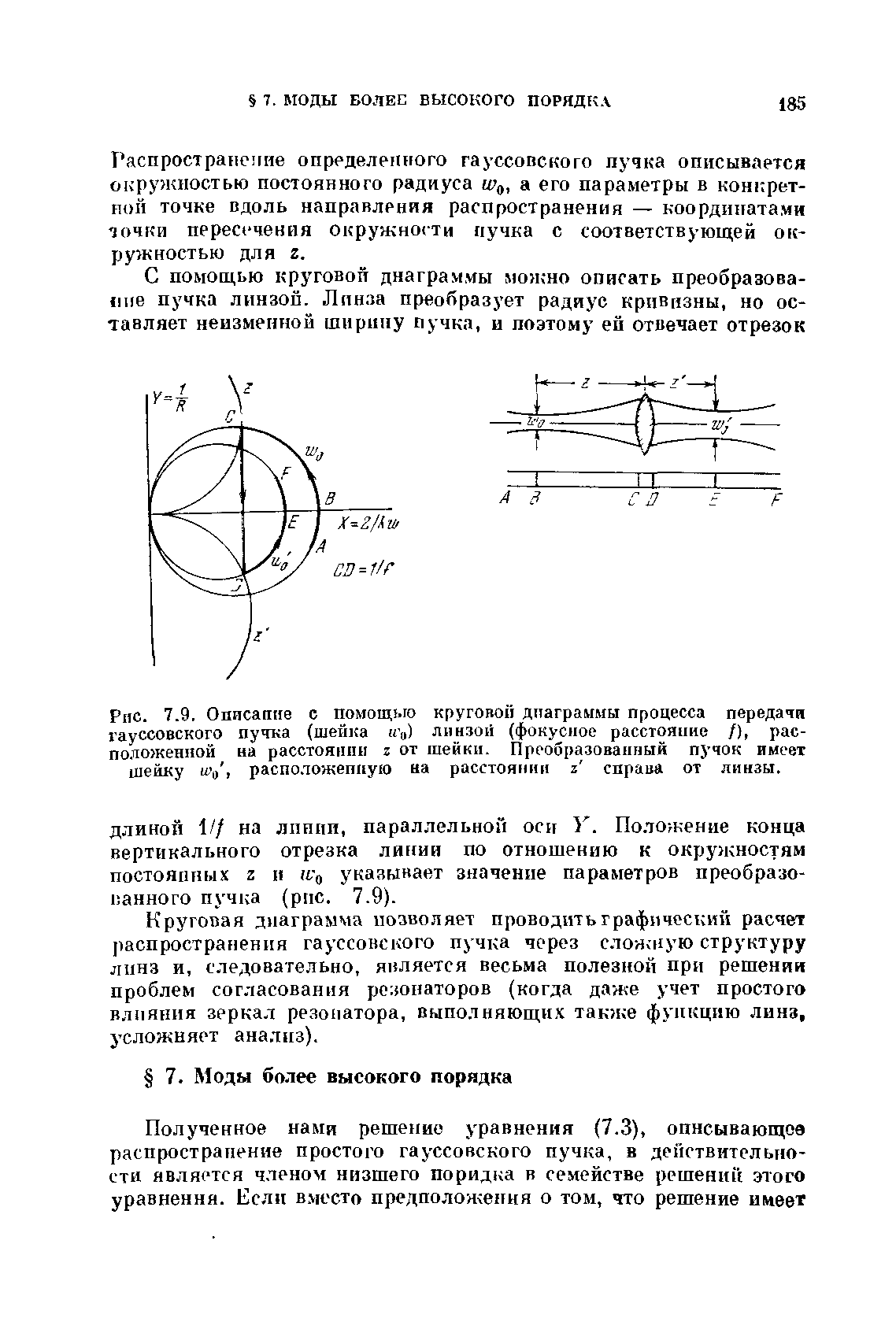 Распрострапс гие определенного гауссовского пучка описывается окружностью постоянного радиуса ш , а его параметры в конкретной точке вдоль направления распространения — координатами точки пересечения окружности пучка с соответствующей оес-ружностью для 2.
