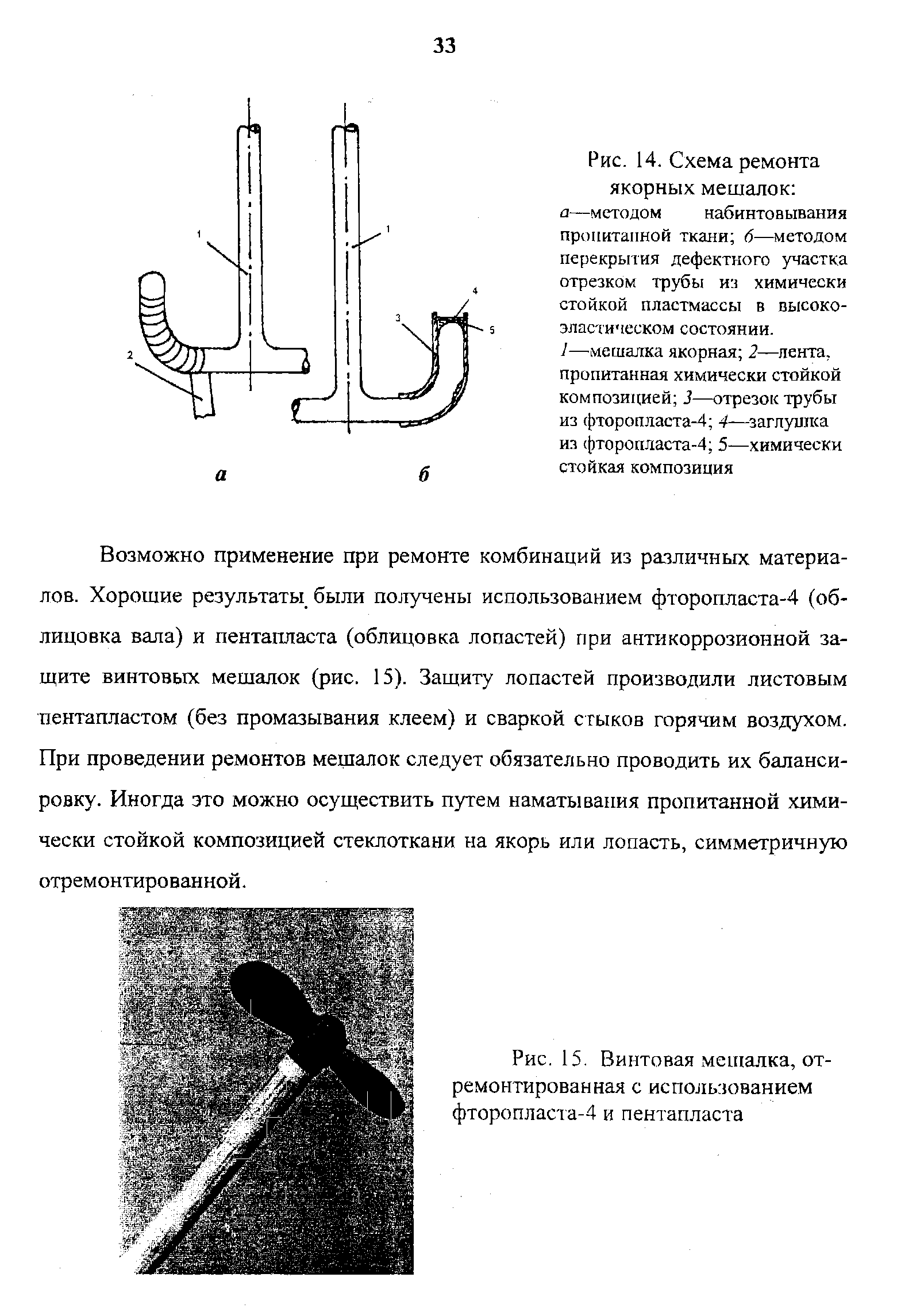 Рис. 14. Схема ремонта якорных мешалок а—методом набинтовывания проиитапной ткани 6—методом перекрытия дефектного участка отрезком трубы химически стойкой пластмассы в высокоэластическом состоянии.
