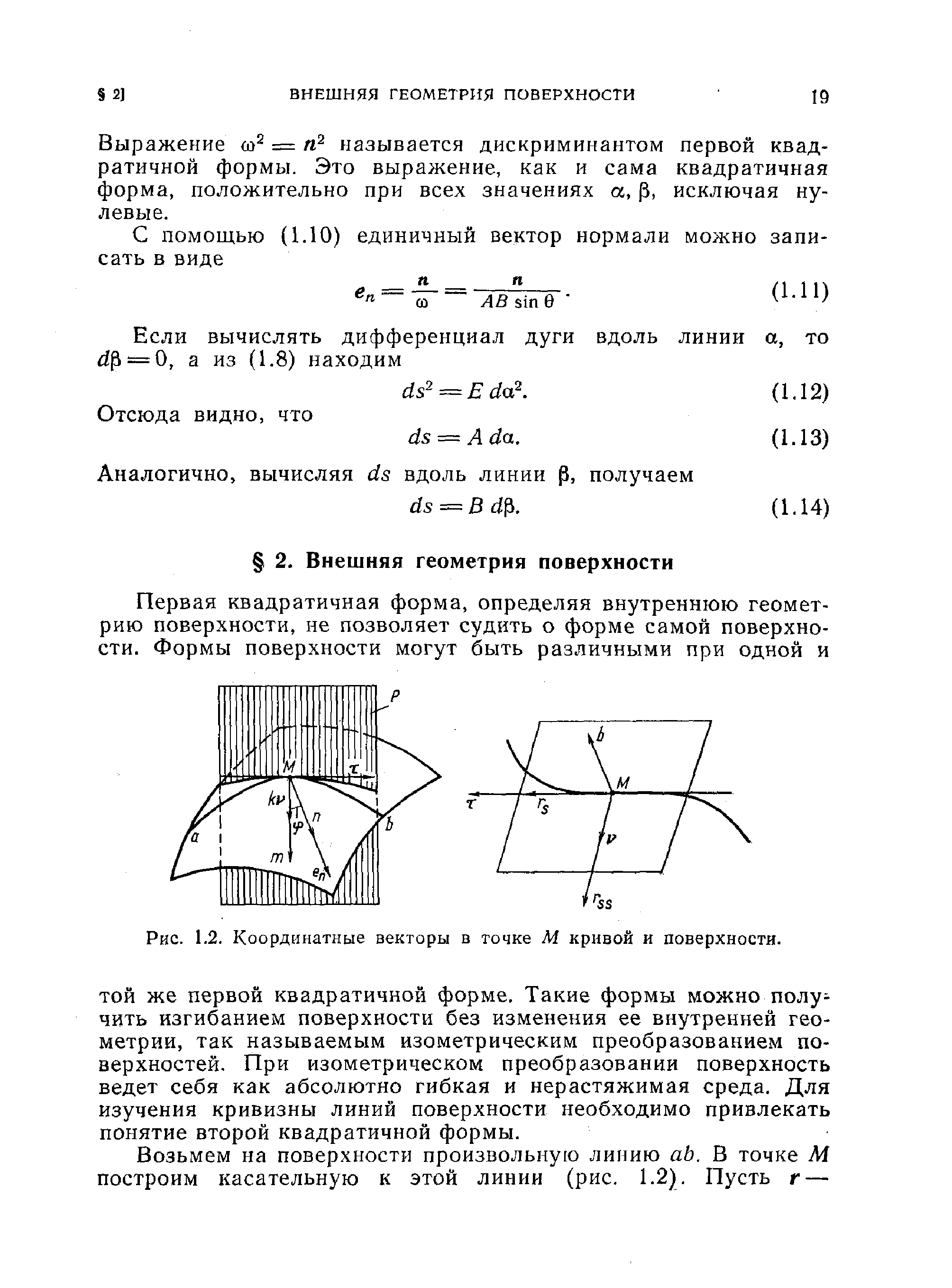 Рис. 1.2. Координатные векторы в точке М кривой и поверхности.
