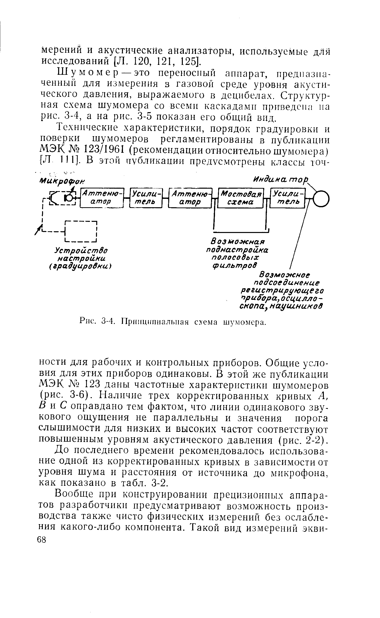 Шумомер — это переносный аппарат, предназначенный для измерения з газовой среде уровня акустического давления, выражаемого в децибелах. Структурная схема шумомера со всеми каскадами приведсн па рис. 3-4, а на рис. 3-5 показан его общий вид.
