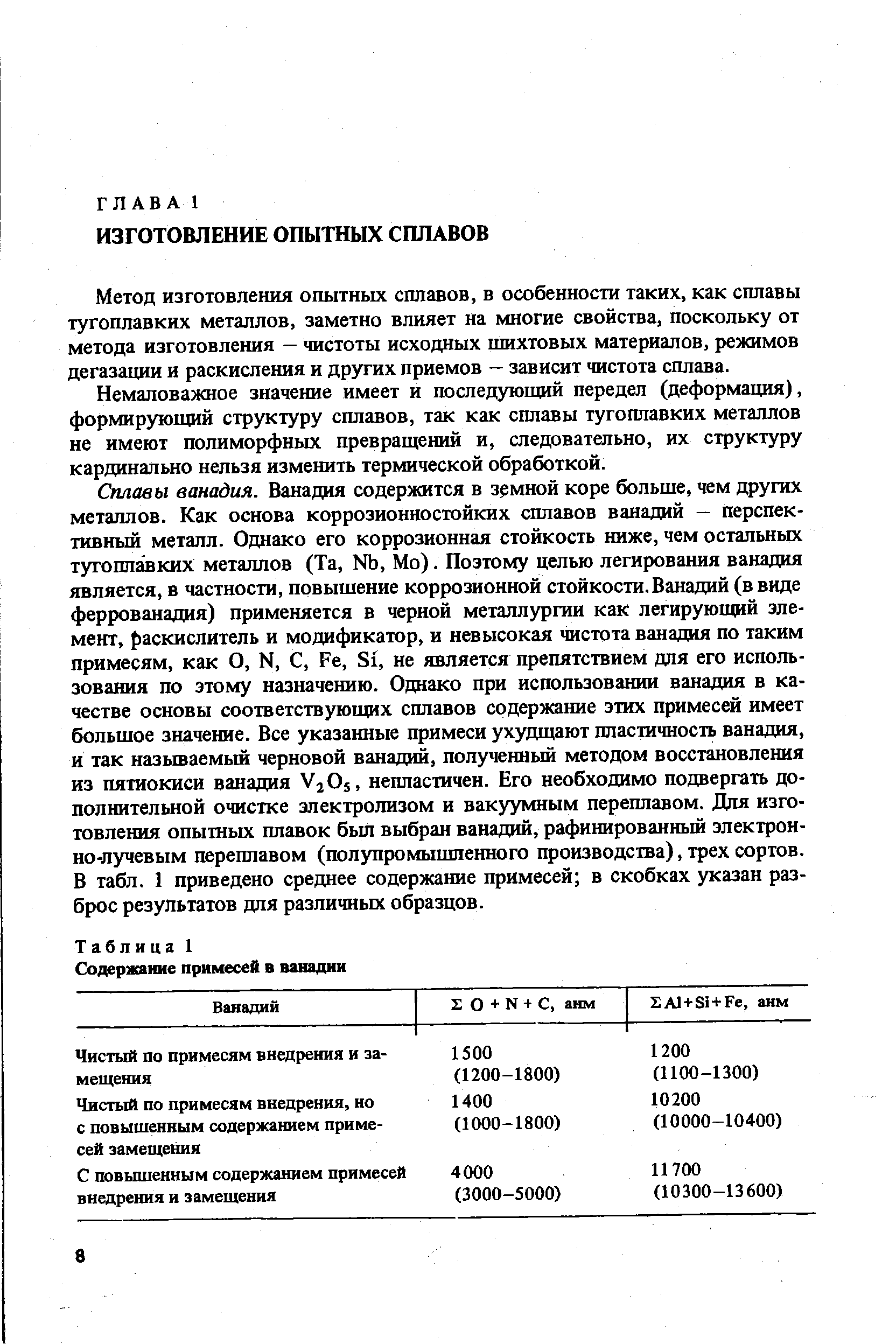 Метод изготовления опытных сплавов, в особенности таких, как сплавы тугоплавких металлов, заметно влияет на многие свойства, поскольку от метода изготовления - чистоты исходных шихтовых материалов, режимов дегазации и раскисления и других приемов - зависит чистота сплава.
